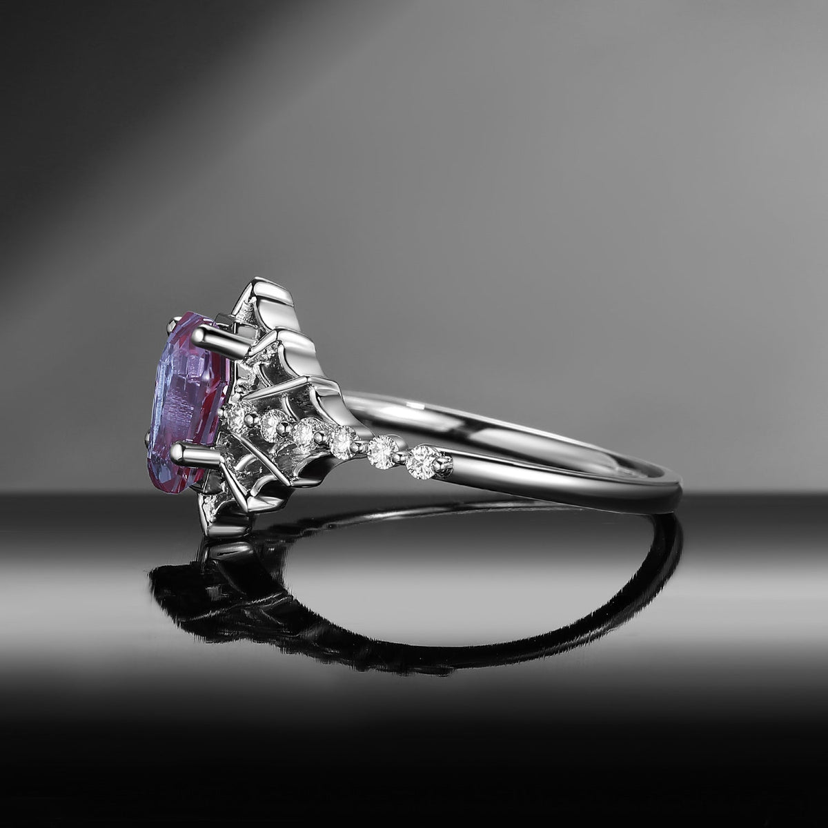 Spider Ring - Gothic Coffin Cut Lab Alexandrite Engagement Ring with Spider Web Inspired Band in Black Gold
