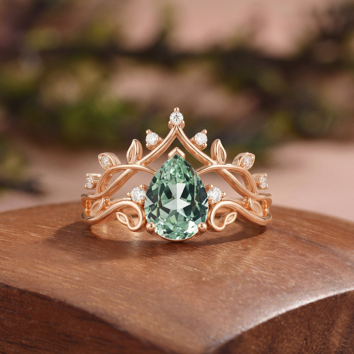 Classic Crown Pear Cut Green Sapphire Cluster Engagement Ring - Queenie