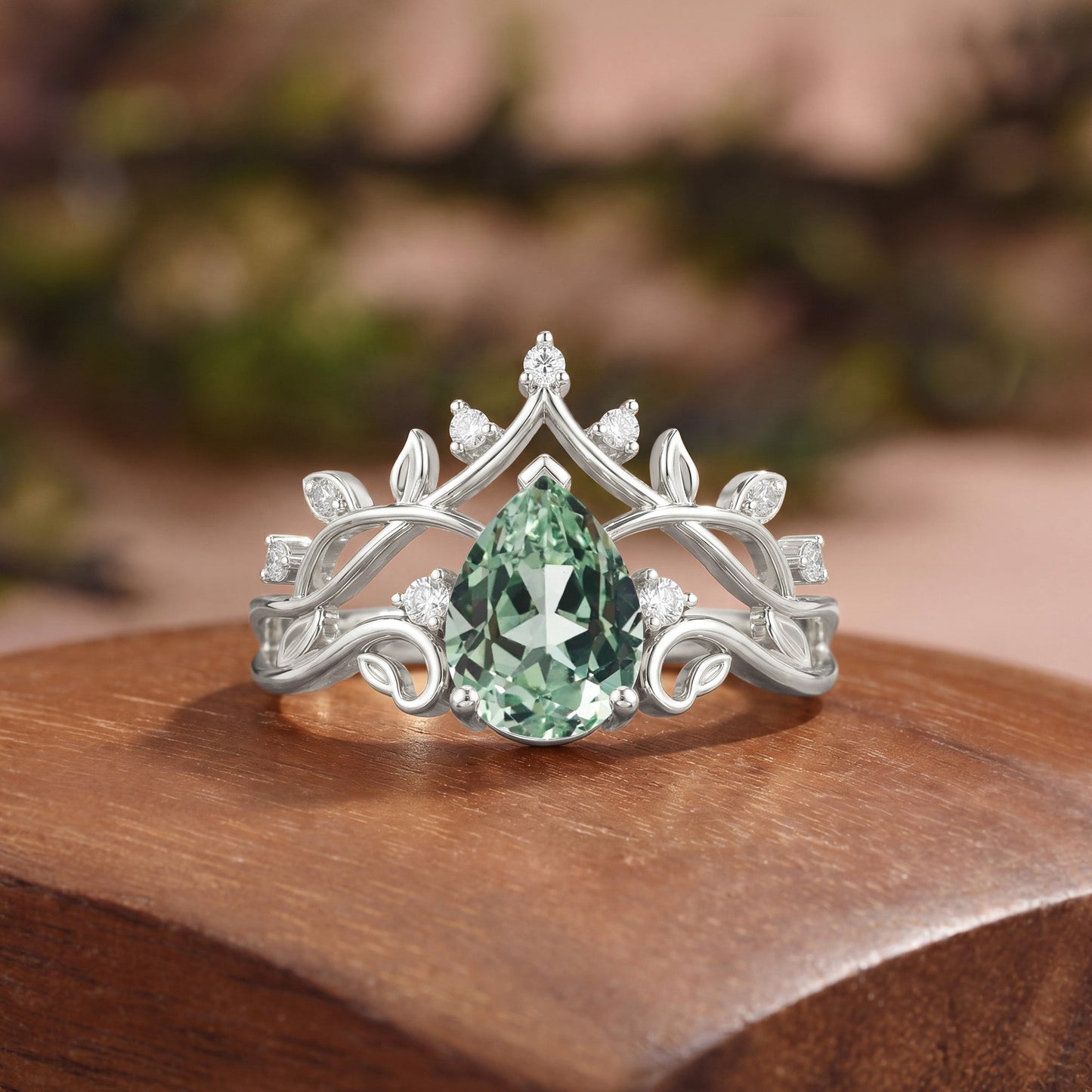 Classic Crown Pear Cut Green Sapphire Cluster Engagement Ring - Queenie