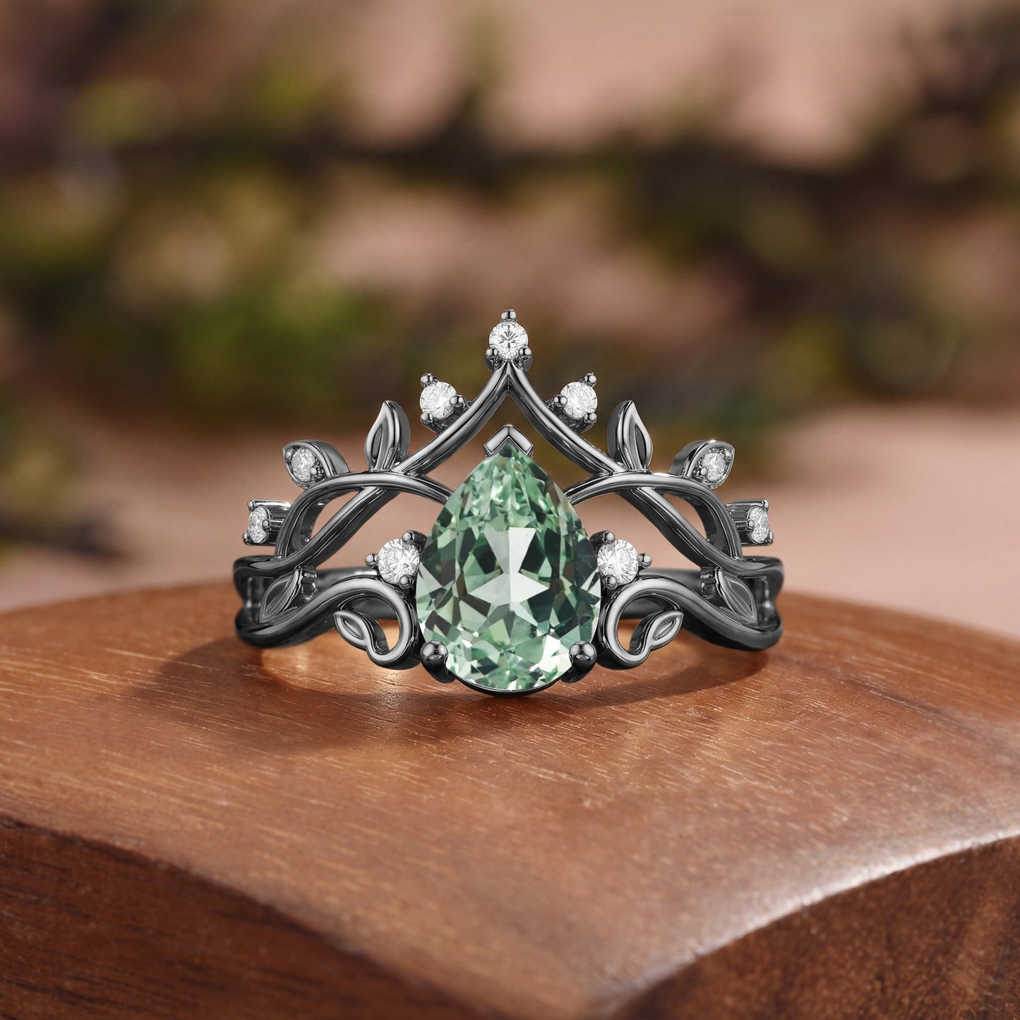 Classic Crown Pear Cut Green Sapphire Cluster Engagement Ring - Queenie