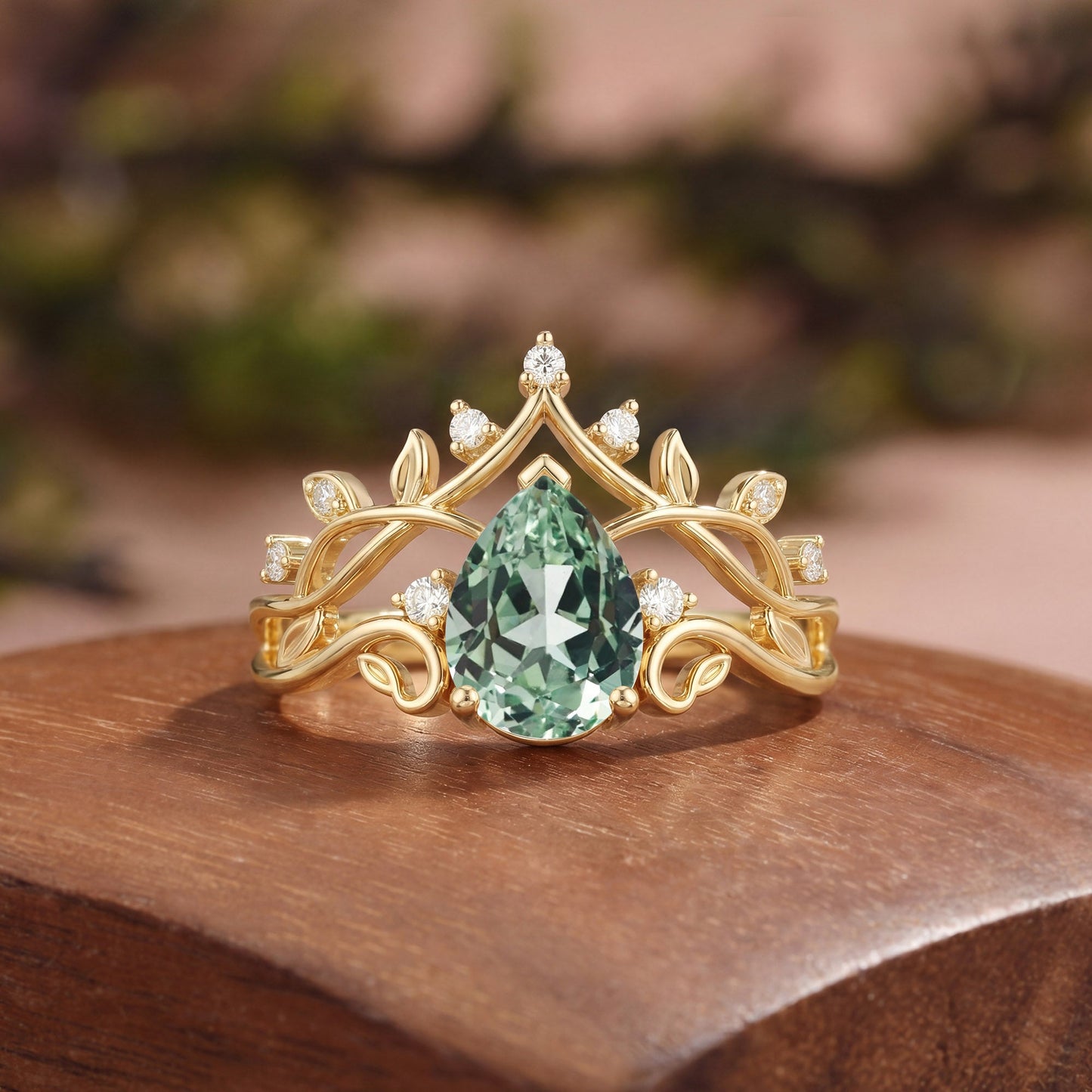 Classic Crown Pear Cut Green Sapphire Cluster Engagement Ring - Queenie