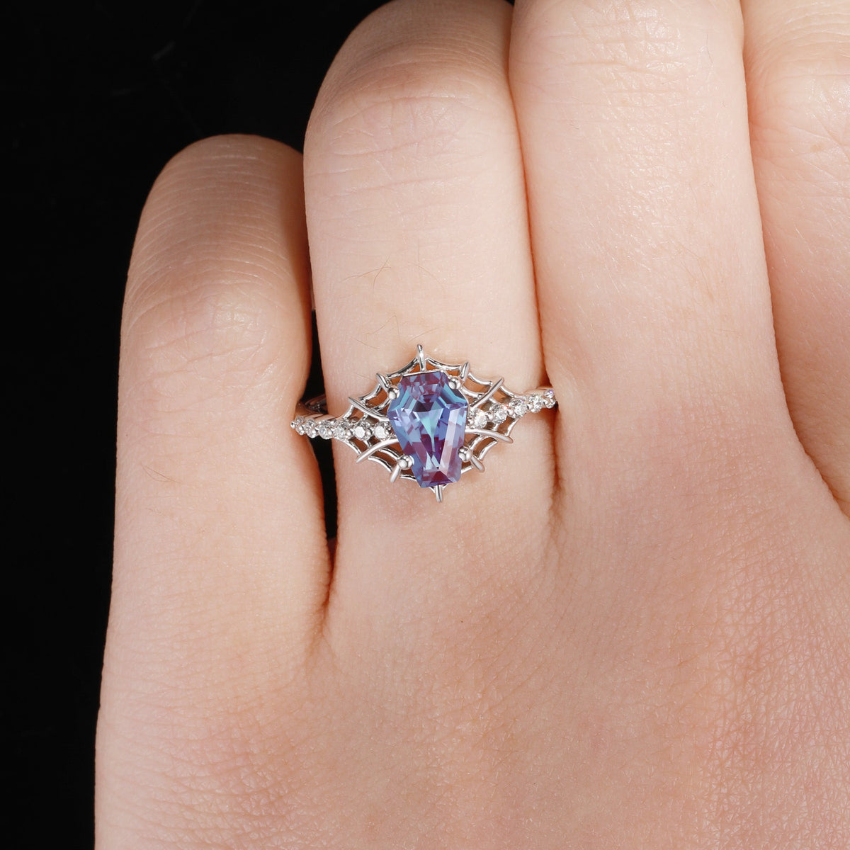 Spider Ring - Gothic Coffin Cut Lab Alexandrite Engagement Ring with Spider Web Inspired Band in Black Gold