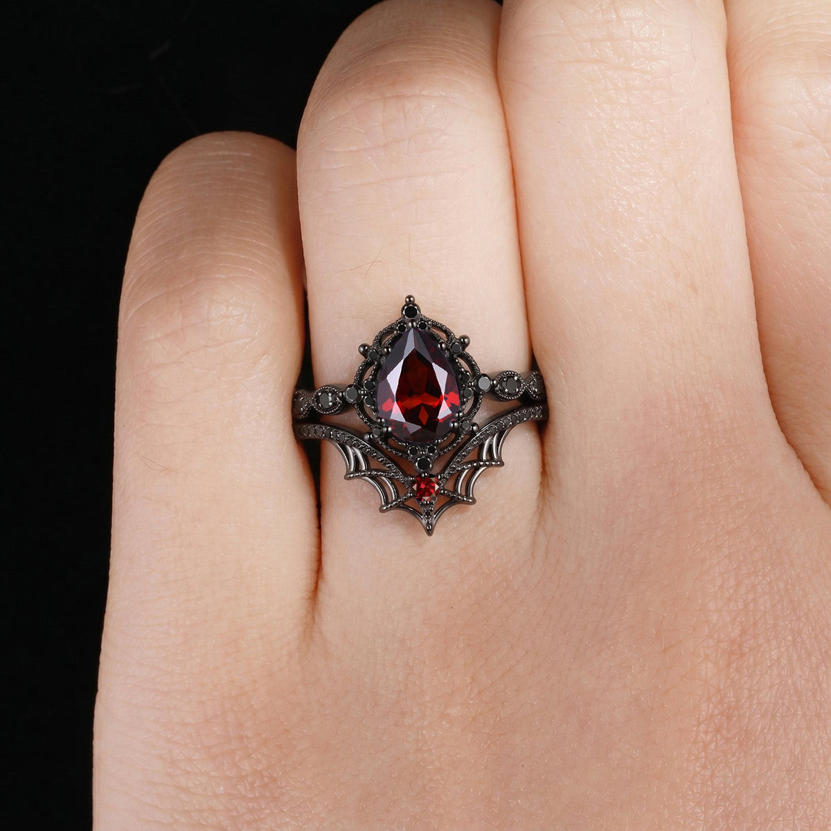 Spider Ring 'Web of Love' – Gothic Pear Cut Garnet Engagement Ring Set with Spider Web Inspired Milgrain Band