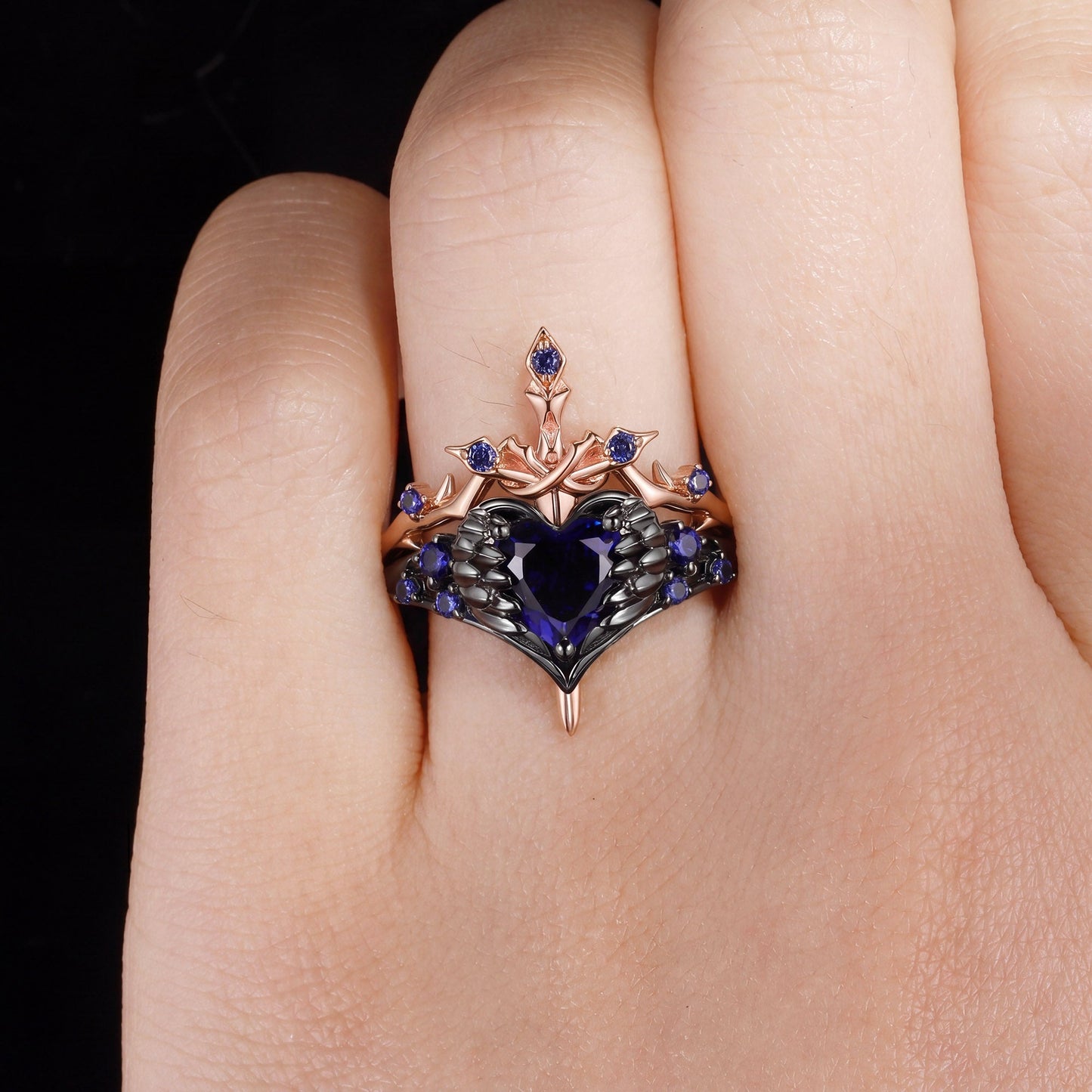 'Pierced Heart' - Gothic Inspired Lab Sapphire Heart Sword Ring Two-Tone Bridal Set