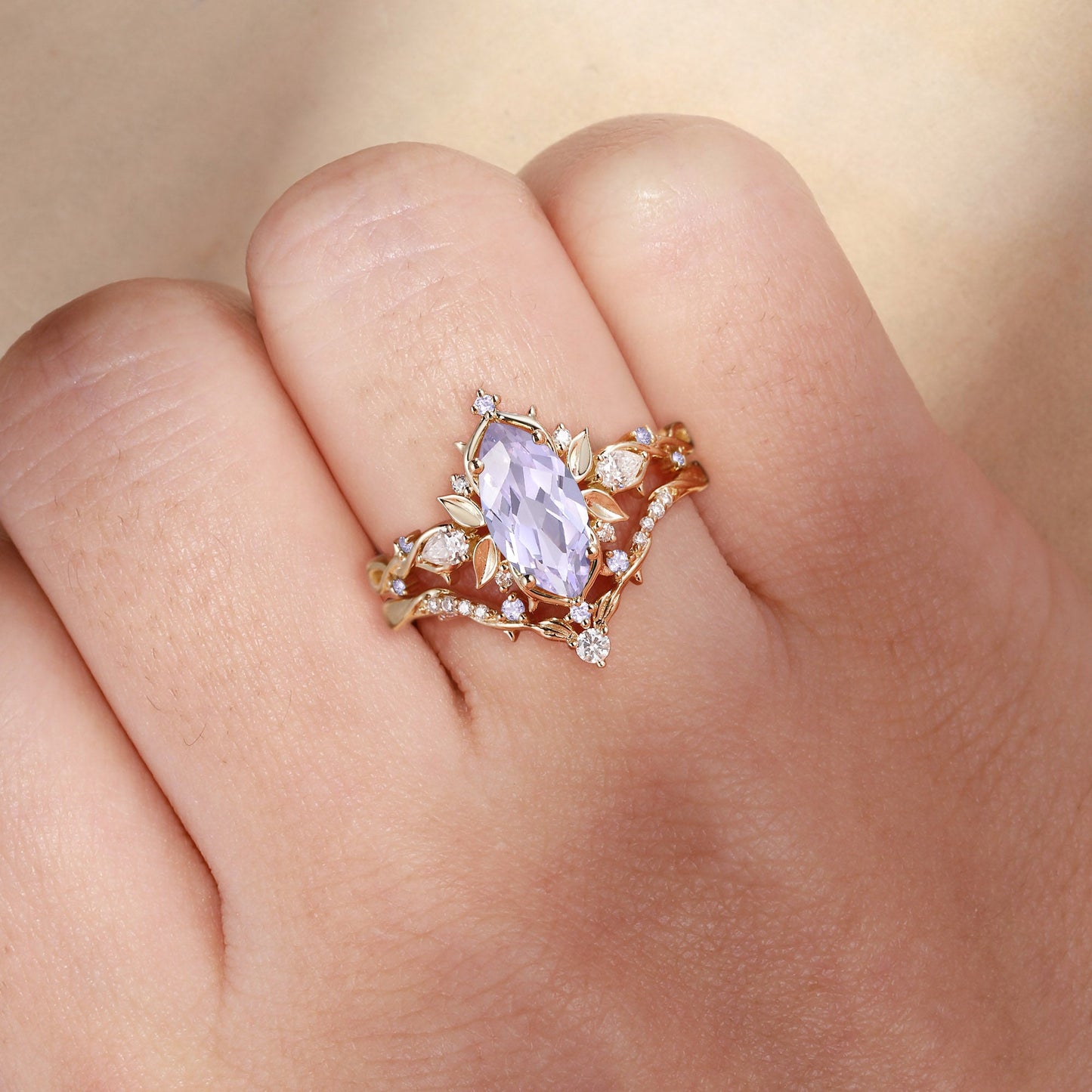 Forest Fairy Marquise Cut Lavender Sapphire Leafy Inspired Bridal Set 2pcs - Fae
