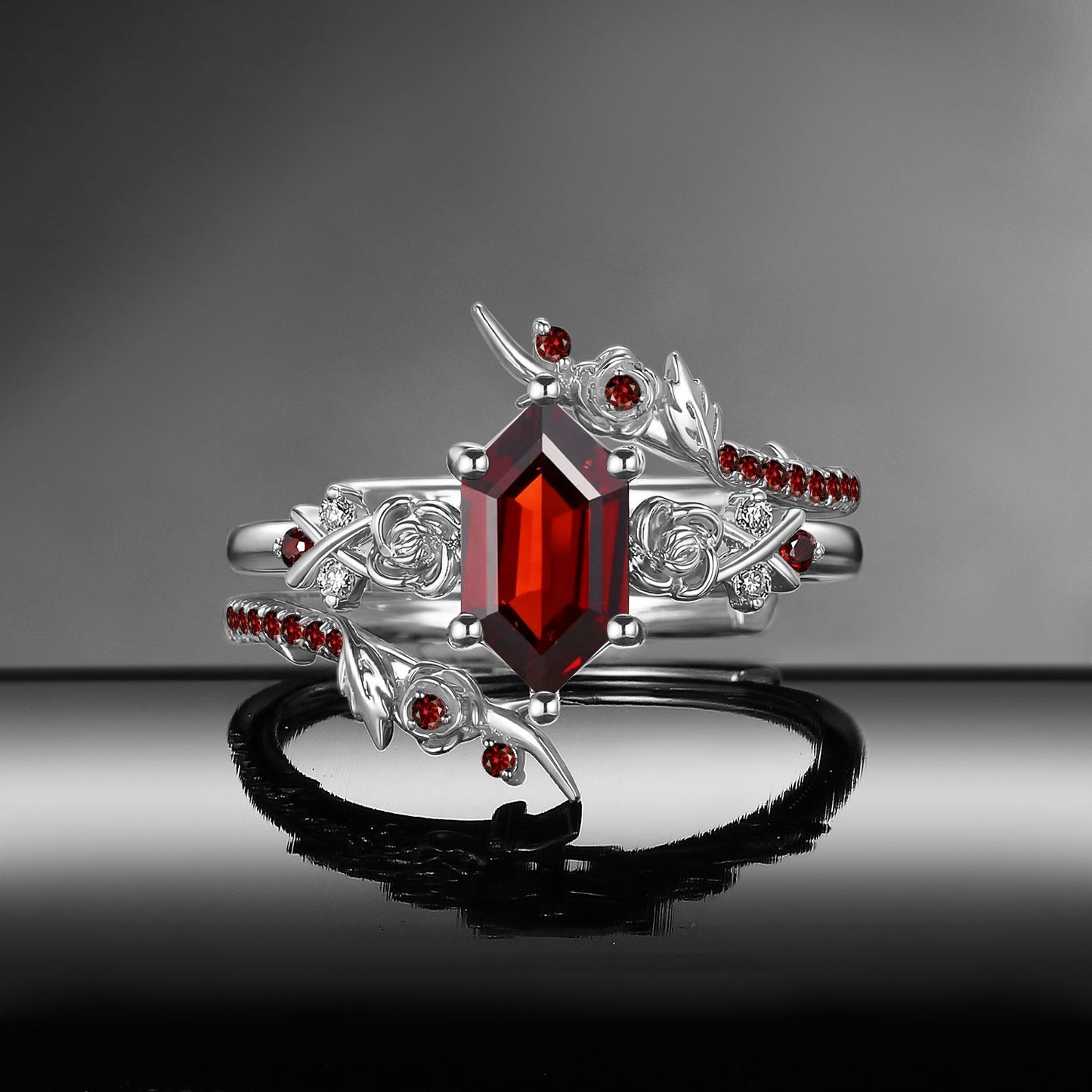 Gothic Long Hexagon Garnet 'Thorns & Roses' Cluster Black Gold Engagement Ring Bridal Set 2pcs