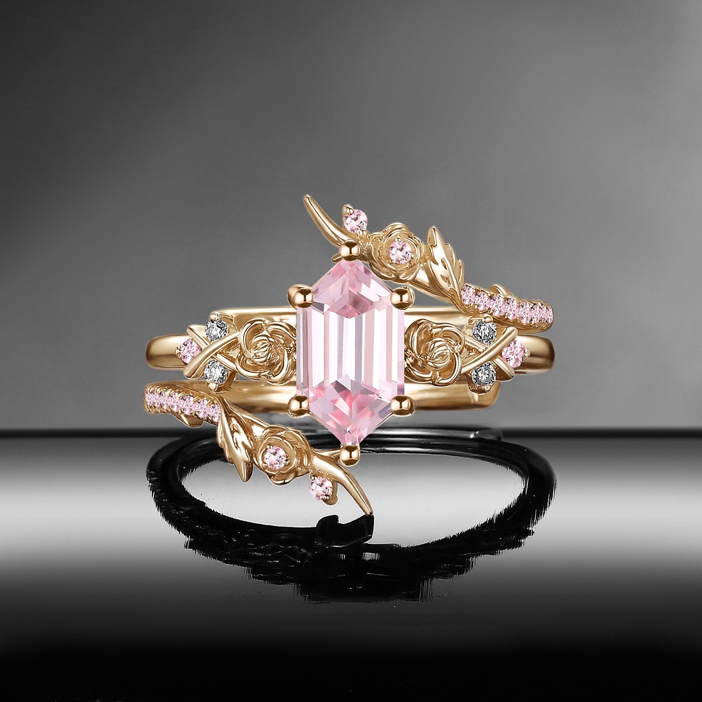 Gothic Nature Inspired Long Hexagon Lab Pink Sapphire Black Gold Cage Ring Bridal Set 2pcs - 'Thorns & Roses'