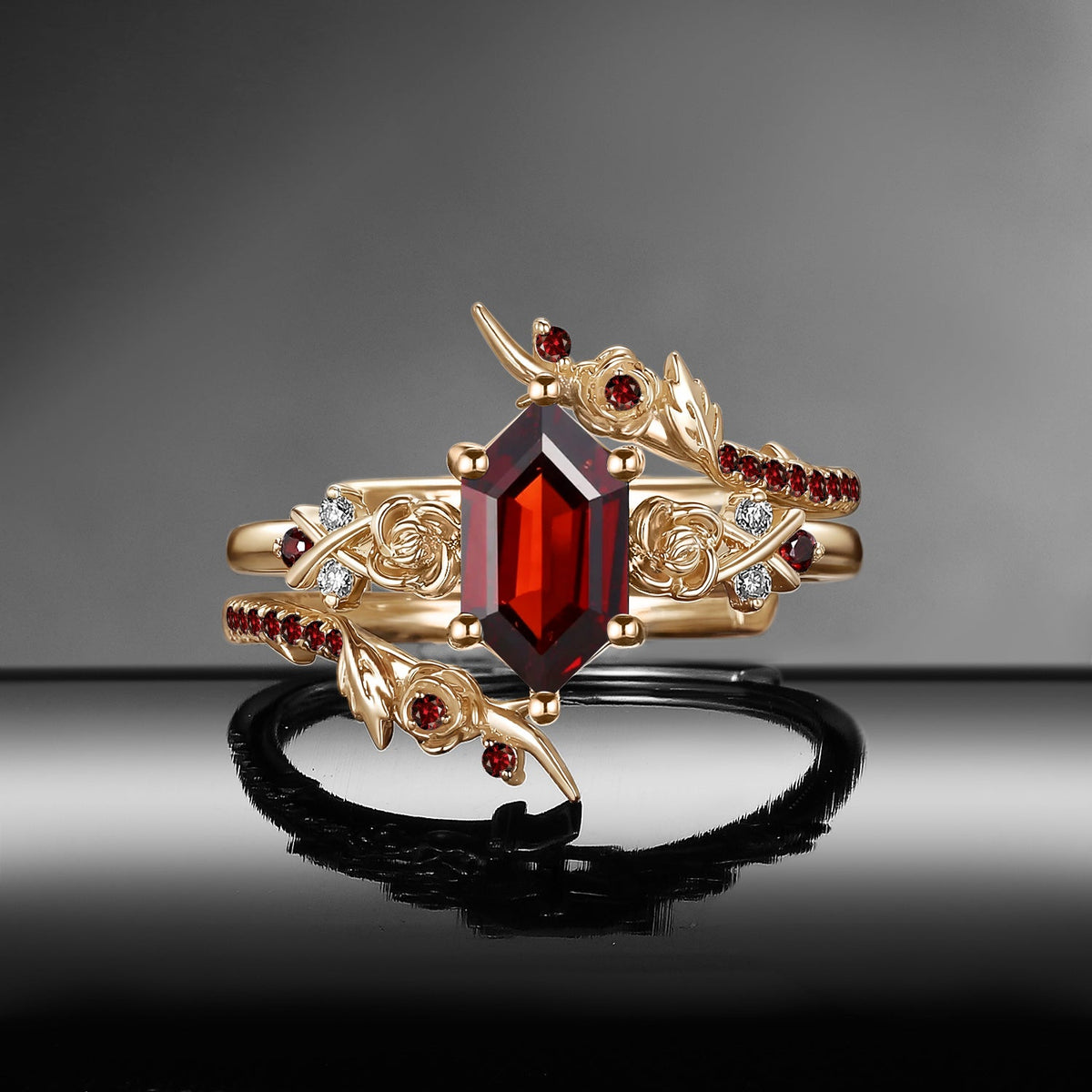 Gothic Long Hexagon Garnet 'Thorns & Roses' Cluster Black Gold Engagement Ring Bridal Set 2pcs