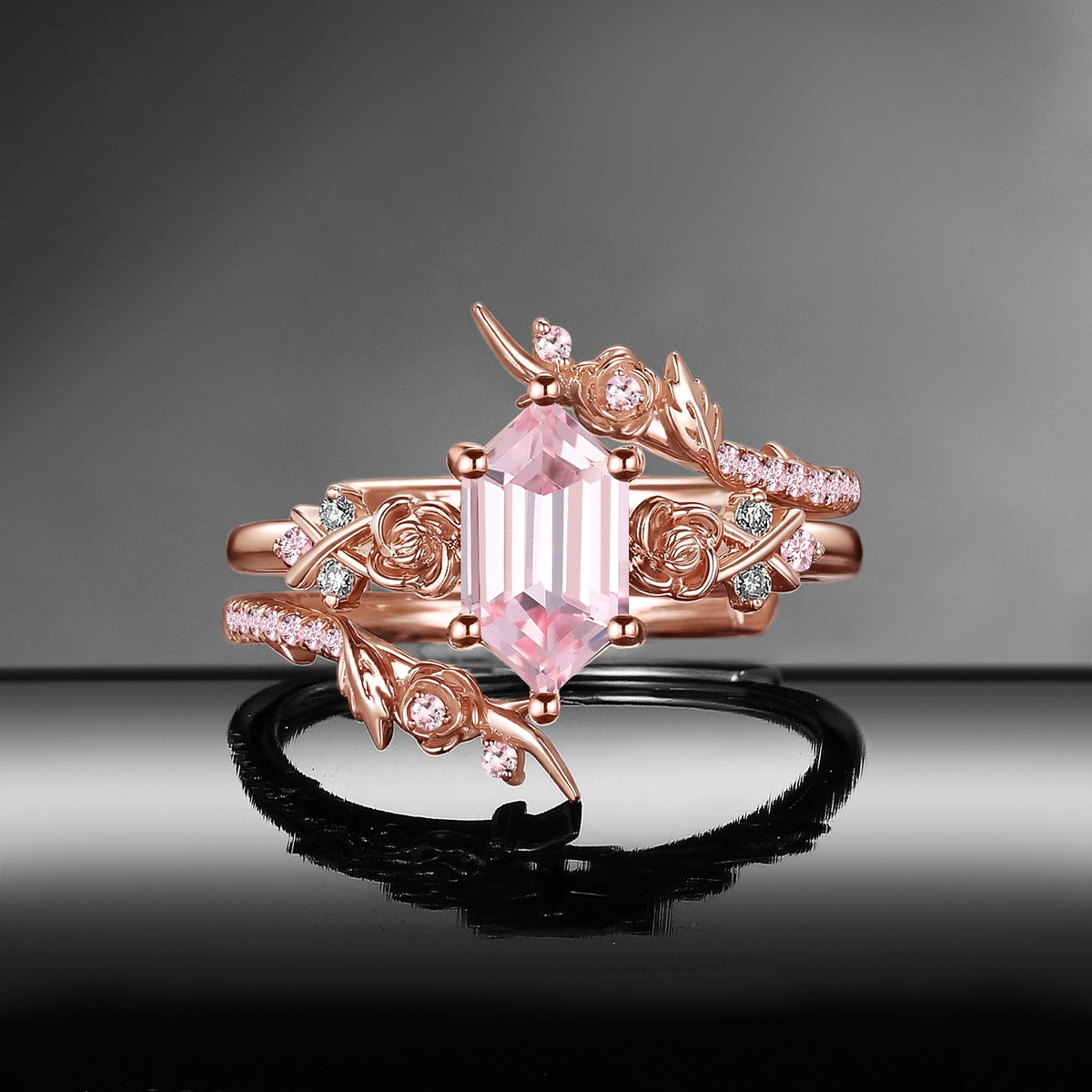 Gothic Nature Inspired Long Hexagon Lab Pink Sapphire Black Gold Cage Ring Bridal Set 2pcs - 'Thorns & Roses'