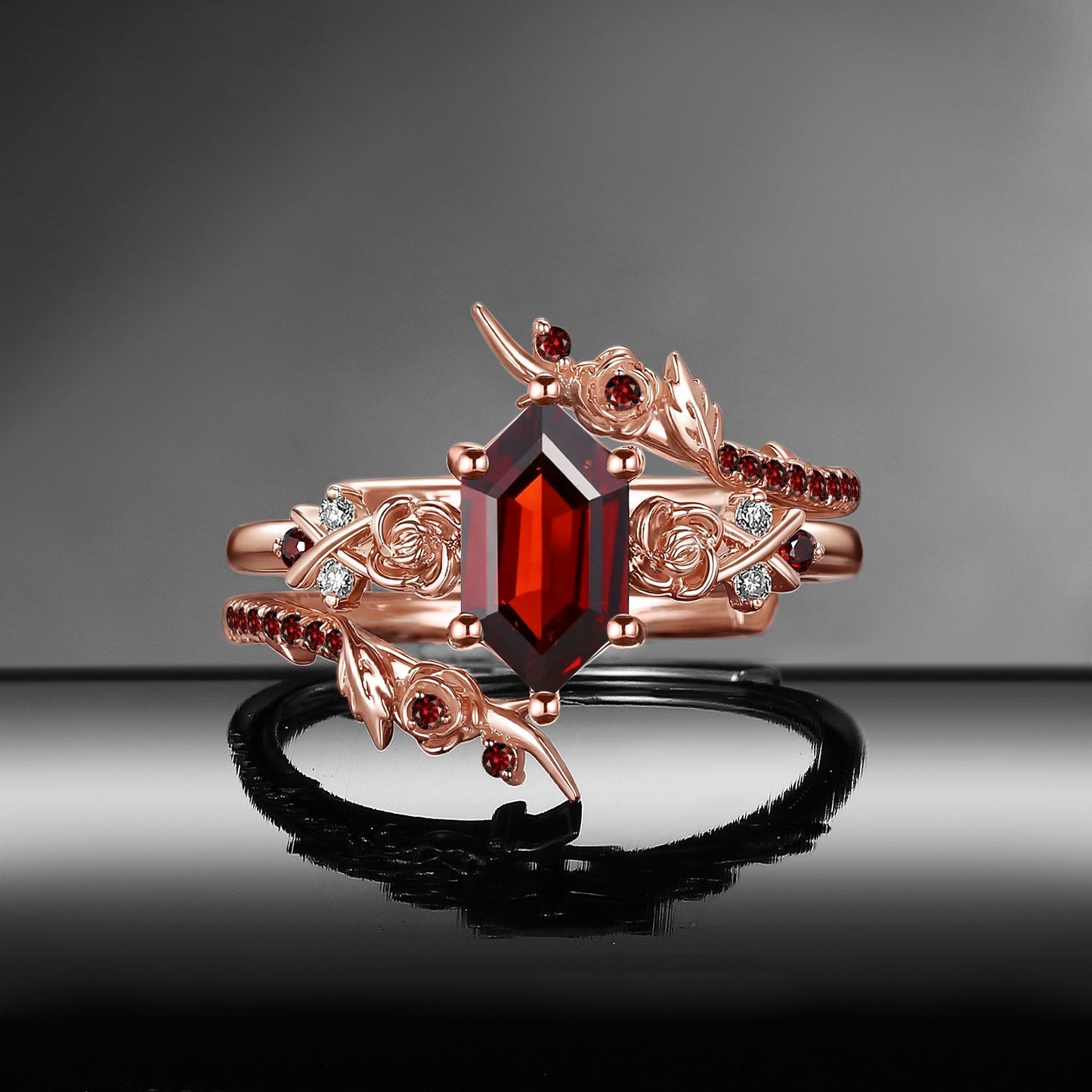 Gothic Long Hexagon Garnet 'Thorns & Roses' Cluster Black Gold Engagement Ring Bridal Set 2pcs