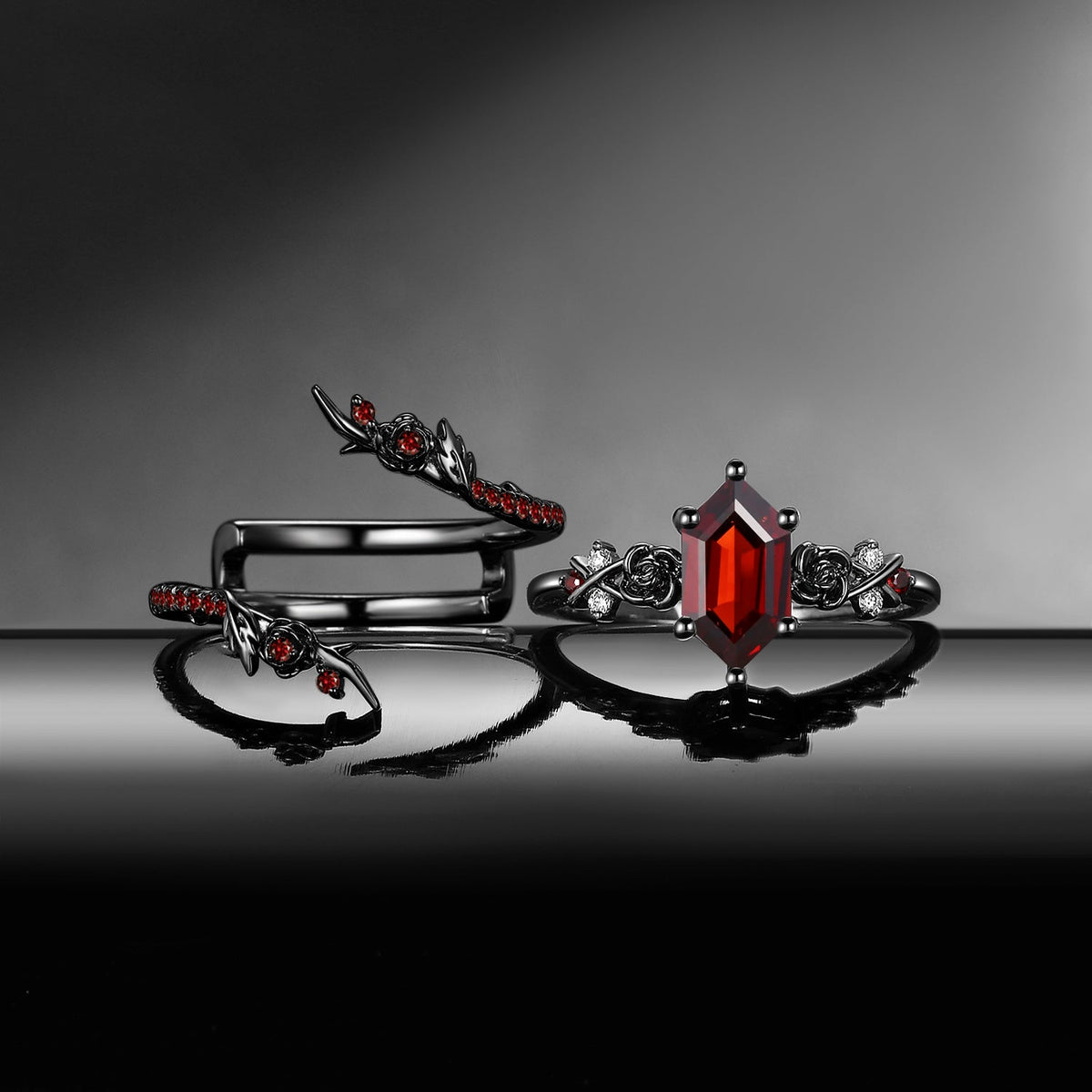 Gothic Long Hexagon Garnet 'Thorns & Roses' Cluster Black Gold Engagement Ring Bridal Set 2pcs