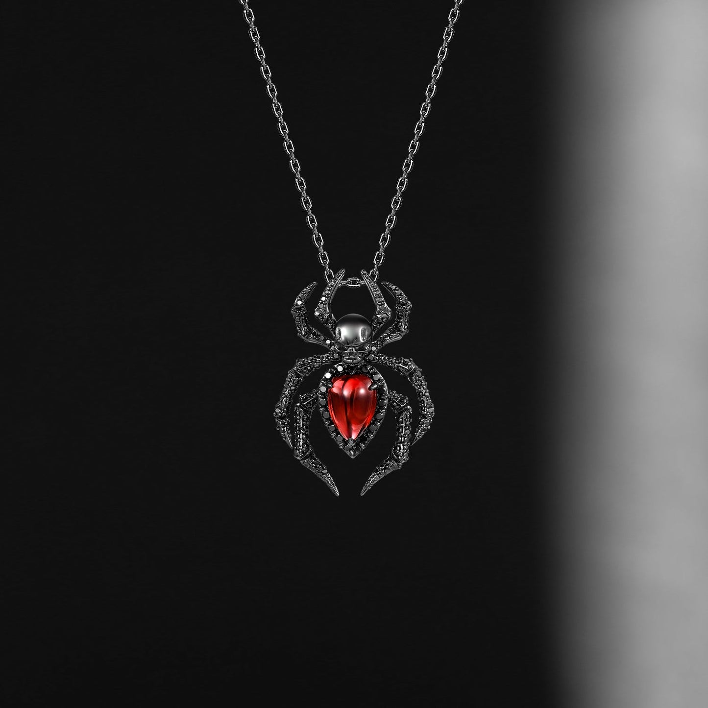 Deluxe Unique Spider & Skull Pear Cut Garnet Halloween Gothic Pendant Necklace