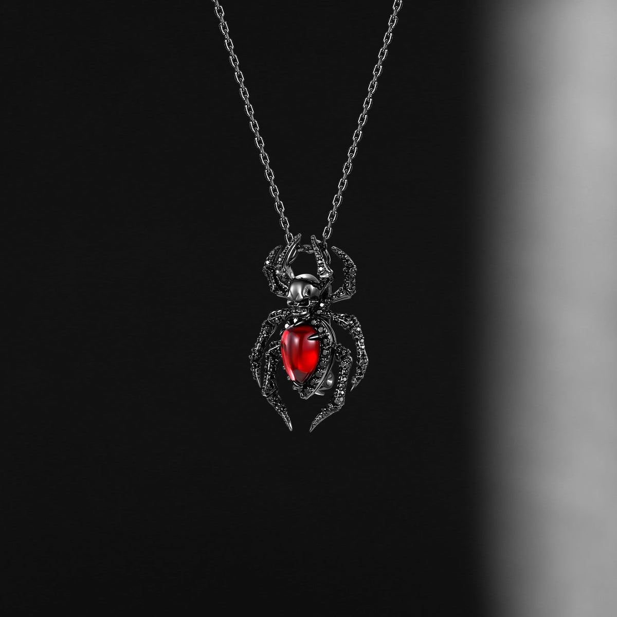 Deluxe Unique Spider & Skull Pear Cut Garnet Halloween Gothic Pendant Necklace
