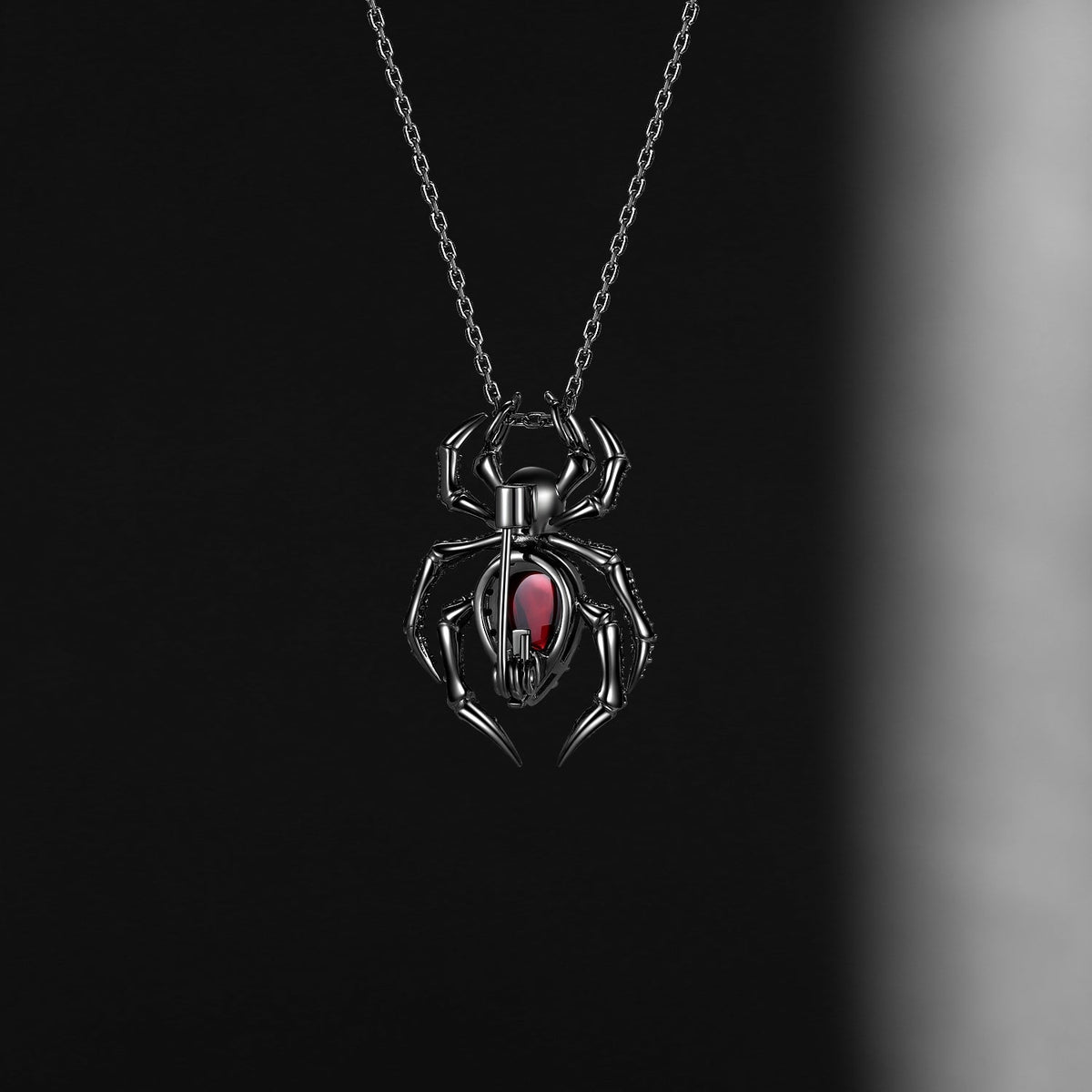 Deluxe Unique Spider & Skull Pear Cut Garnet Halloween Gothic Pendant Necklace