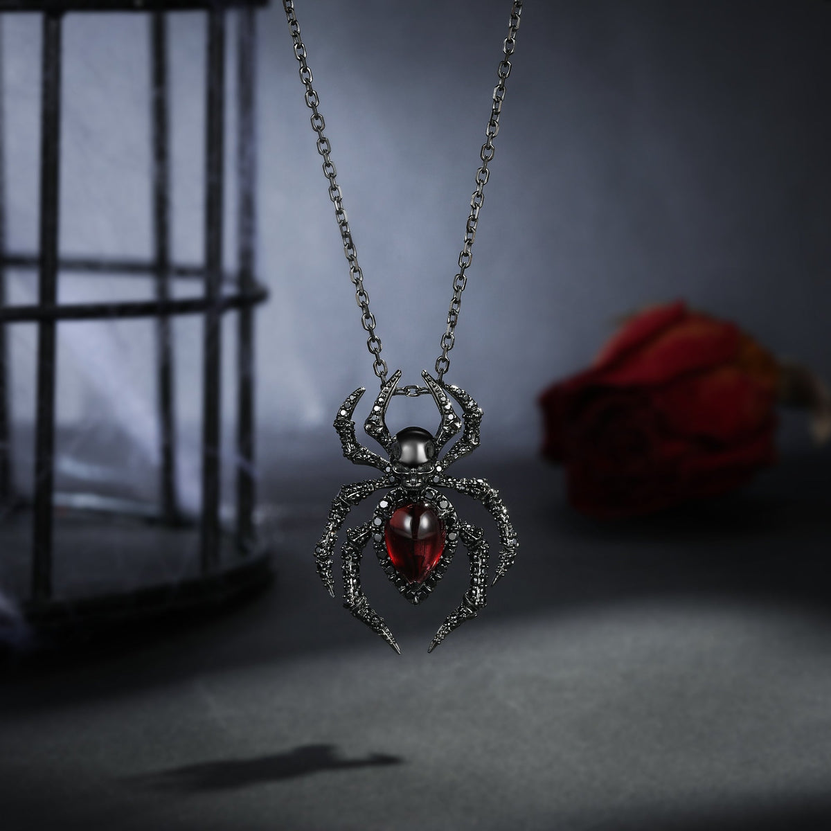 Deluxe Unique Spider & Skull Pear Cut Garnet Halloween Gothic Pendant Necklace