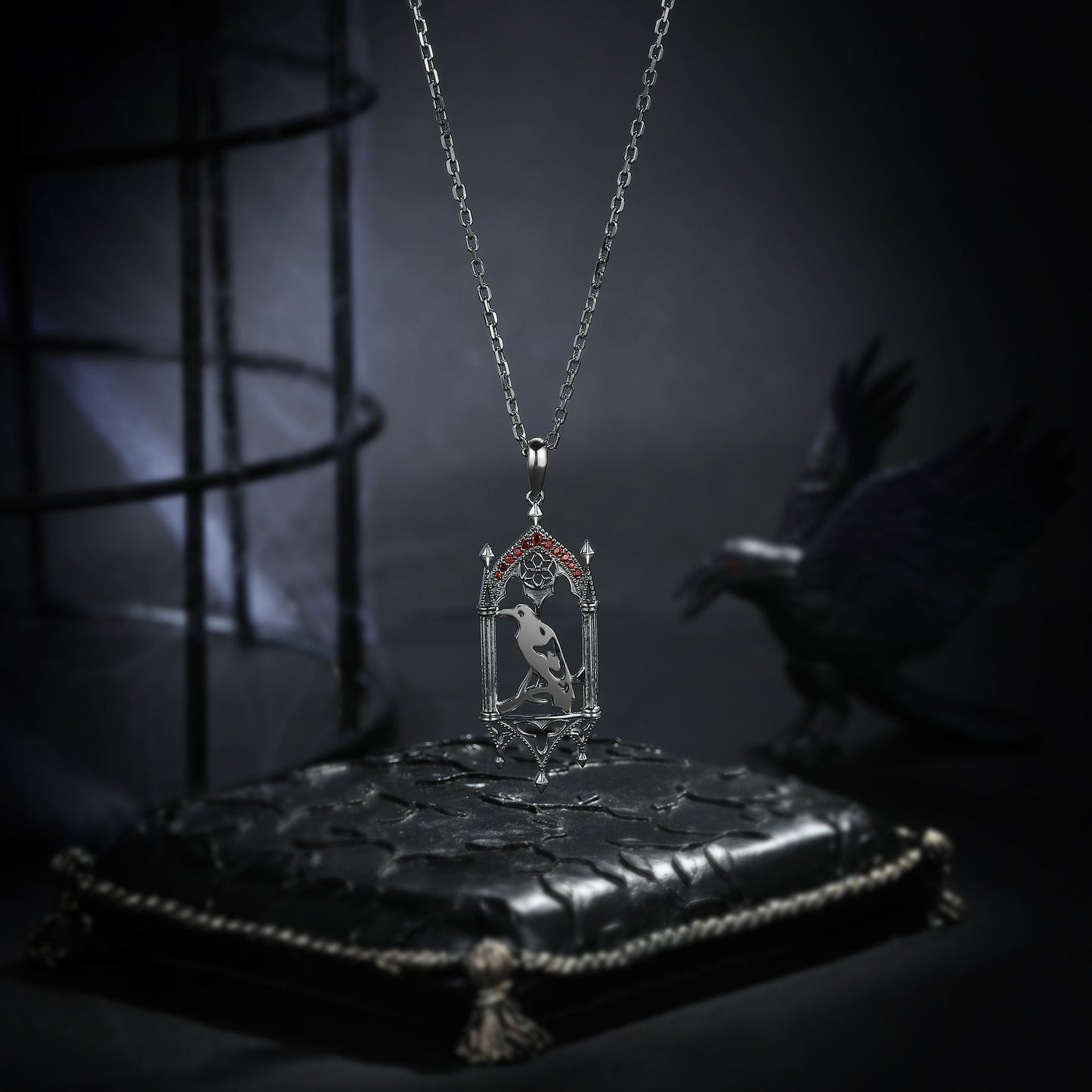 Unique Gothic Style Garnet Dark Crow Inspired Necklace Halloween Jewelry Gift For Her