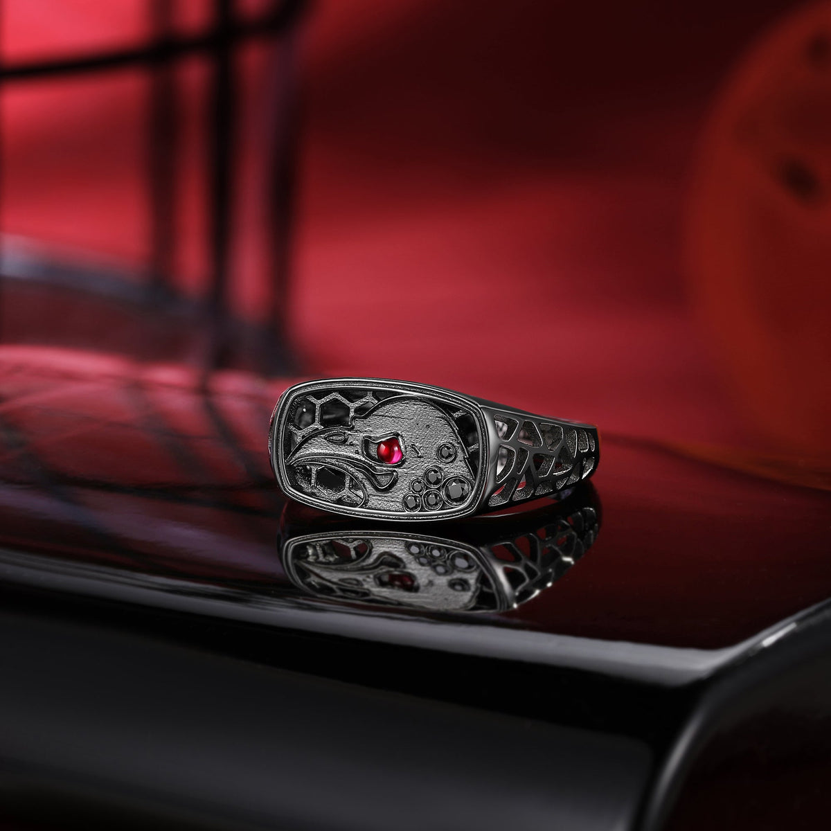 Lab Ruby Gothic Crow Inspired Black Gold Hollow Wedding Band