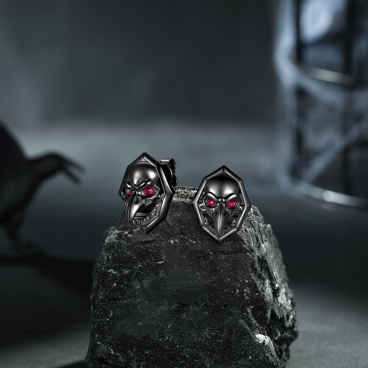 Unique Gothic Style Dark Crow Inspired Natural Ruby Halloween Stud Earrings