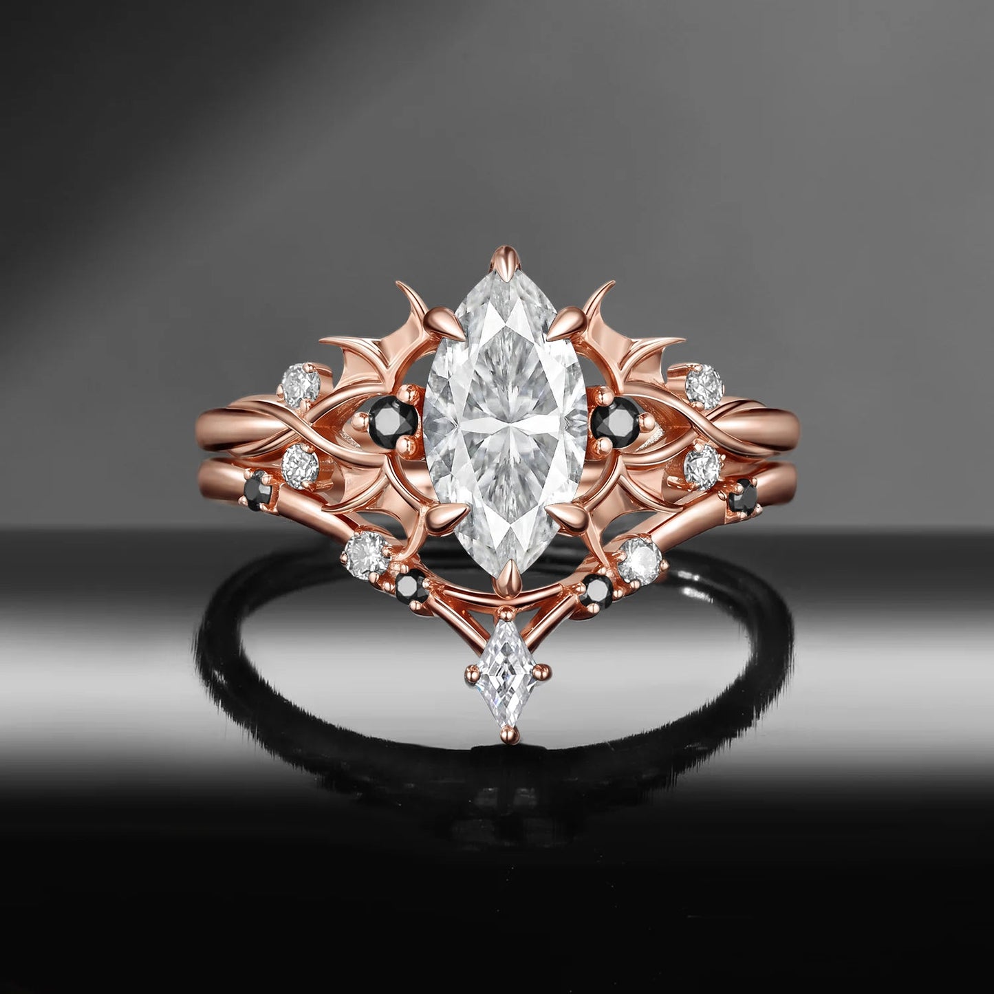 Bat Ring 'Night Court' - Gothic Marquise Moissanite Black Gold Engagement Ring Set with Bat Wing Inspired Band