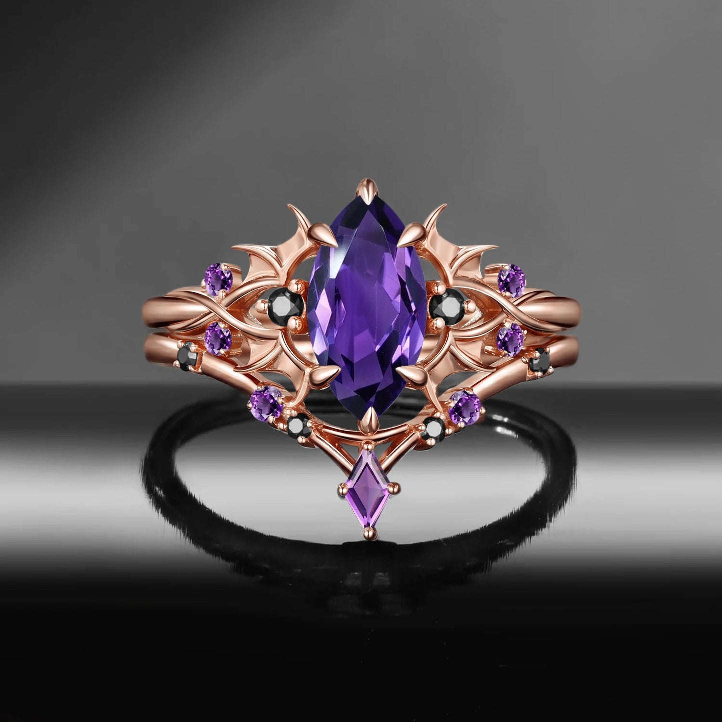 Bat Ring 'Night Court' - Gothic Marquise Amethyst Black Gold Engagement Ring Set with Bat Wing Inspired Band