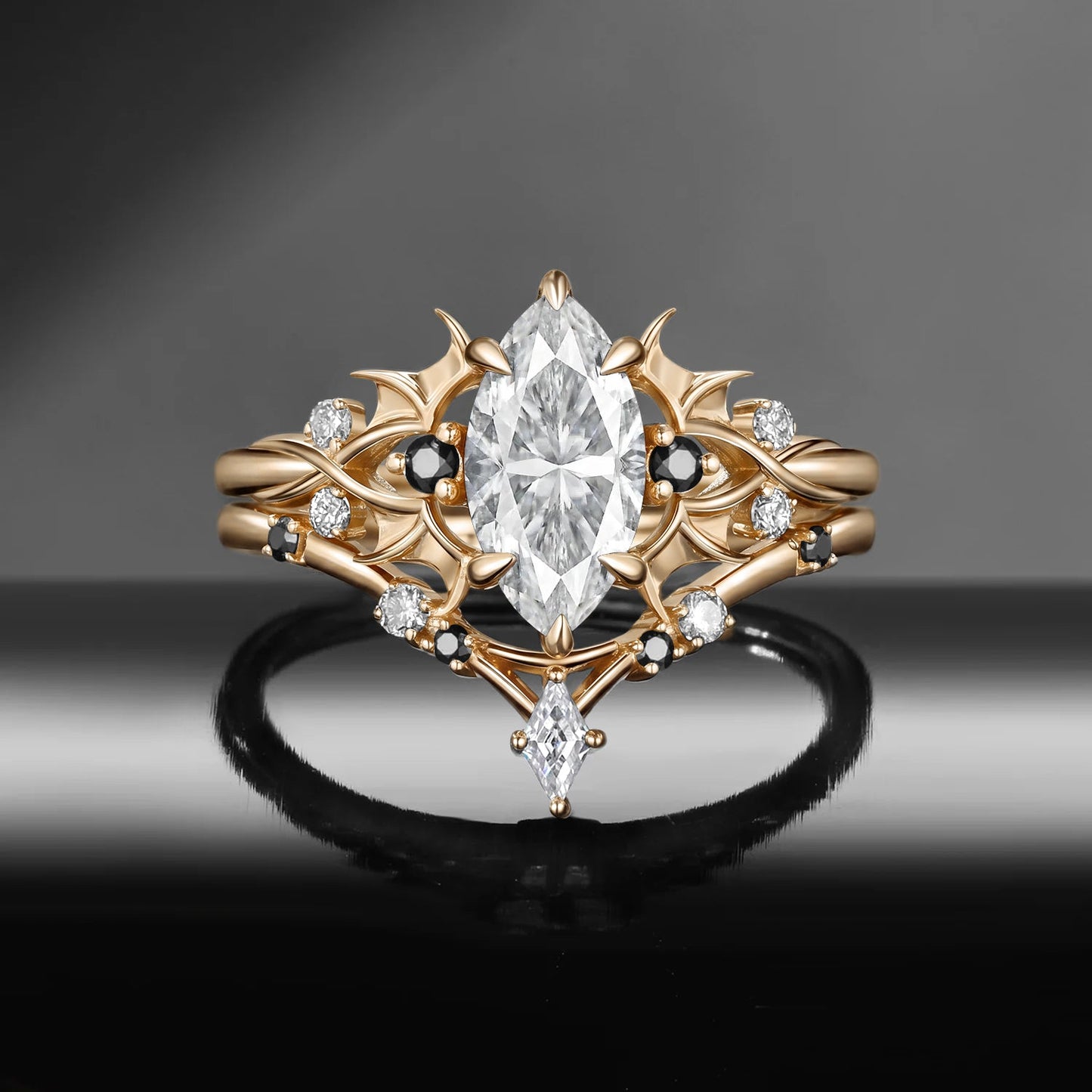Bat Ring 'Night Court' - Gothic Marquise Moissanite Black Gold Engagement Ring Set with Bat Wing Inspired Band