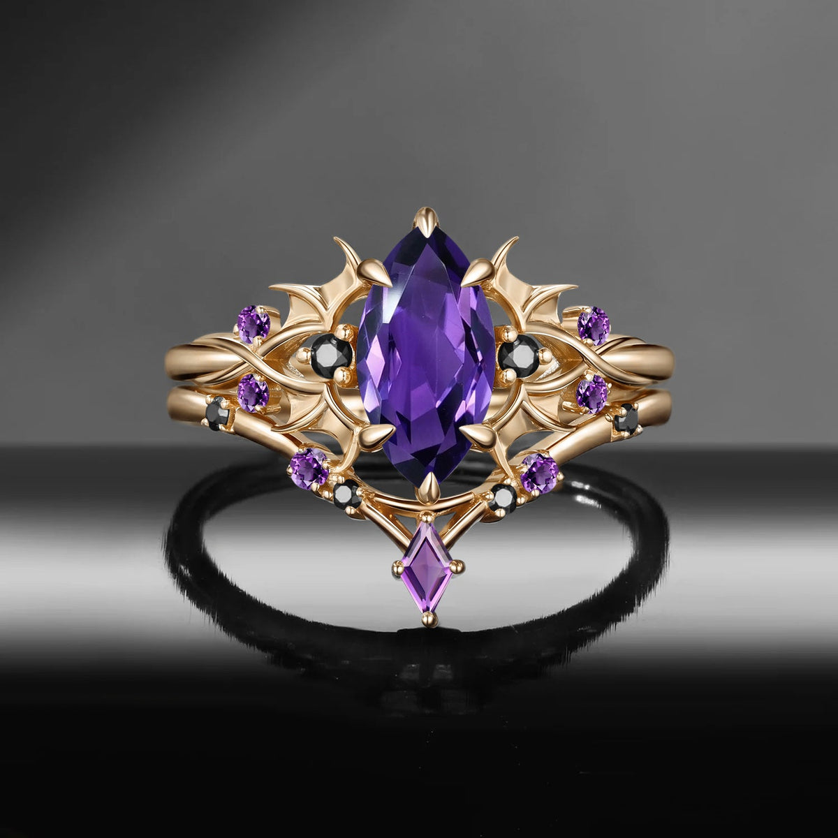 Bat Ring 'Night Court' - Gothic Marquise Amethyst Black Gold Engagement Ring Set with Bat Wing Inspired Band