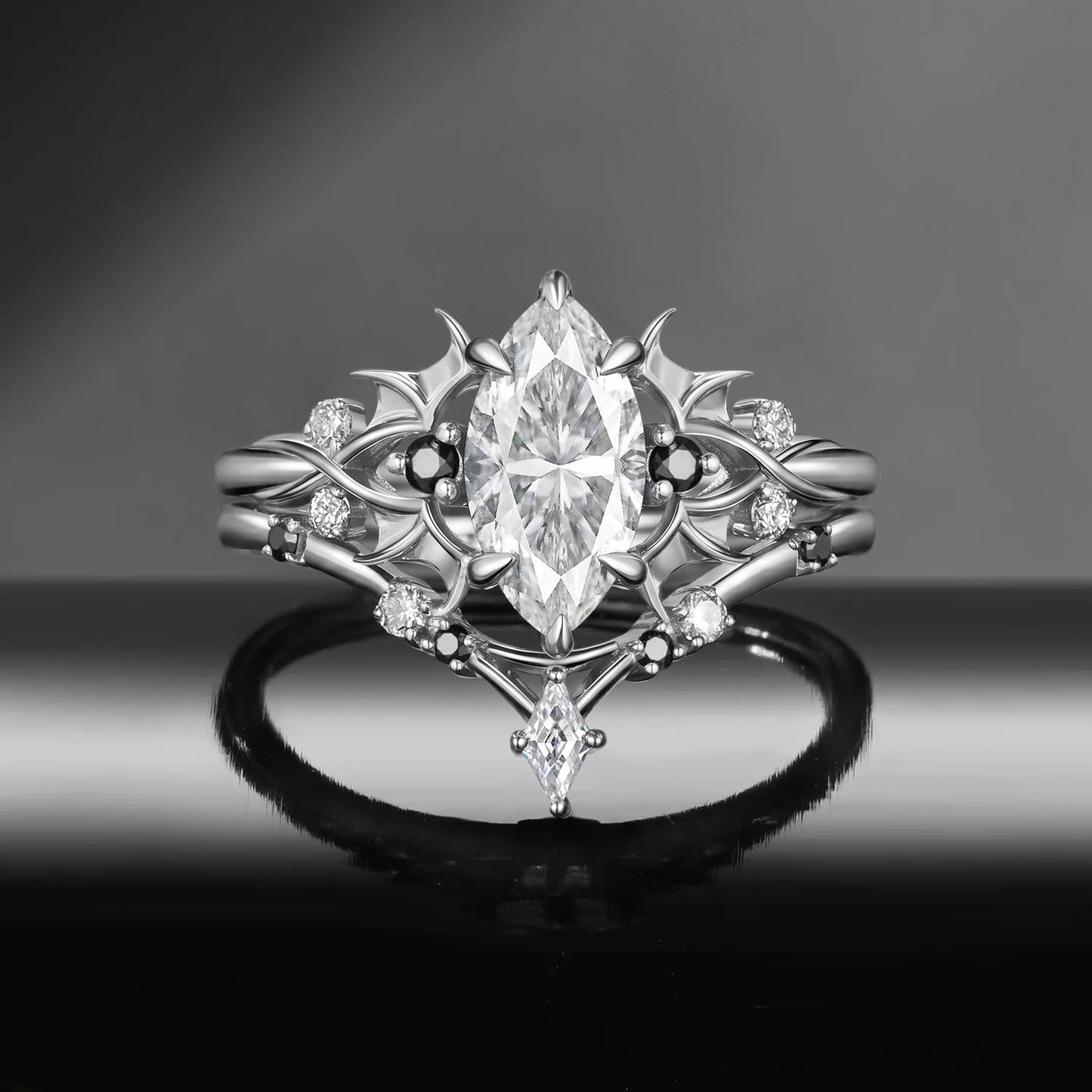 Bat Ring 'Night Court' - Gothic Marquise Moissanite Black Gold Engagement Ring Set with Bat Wing Inspired Band