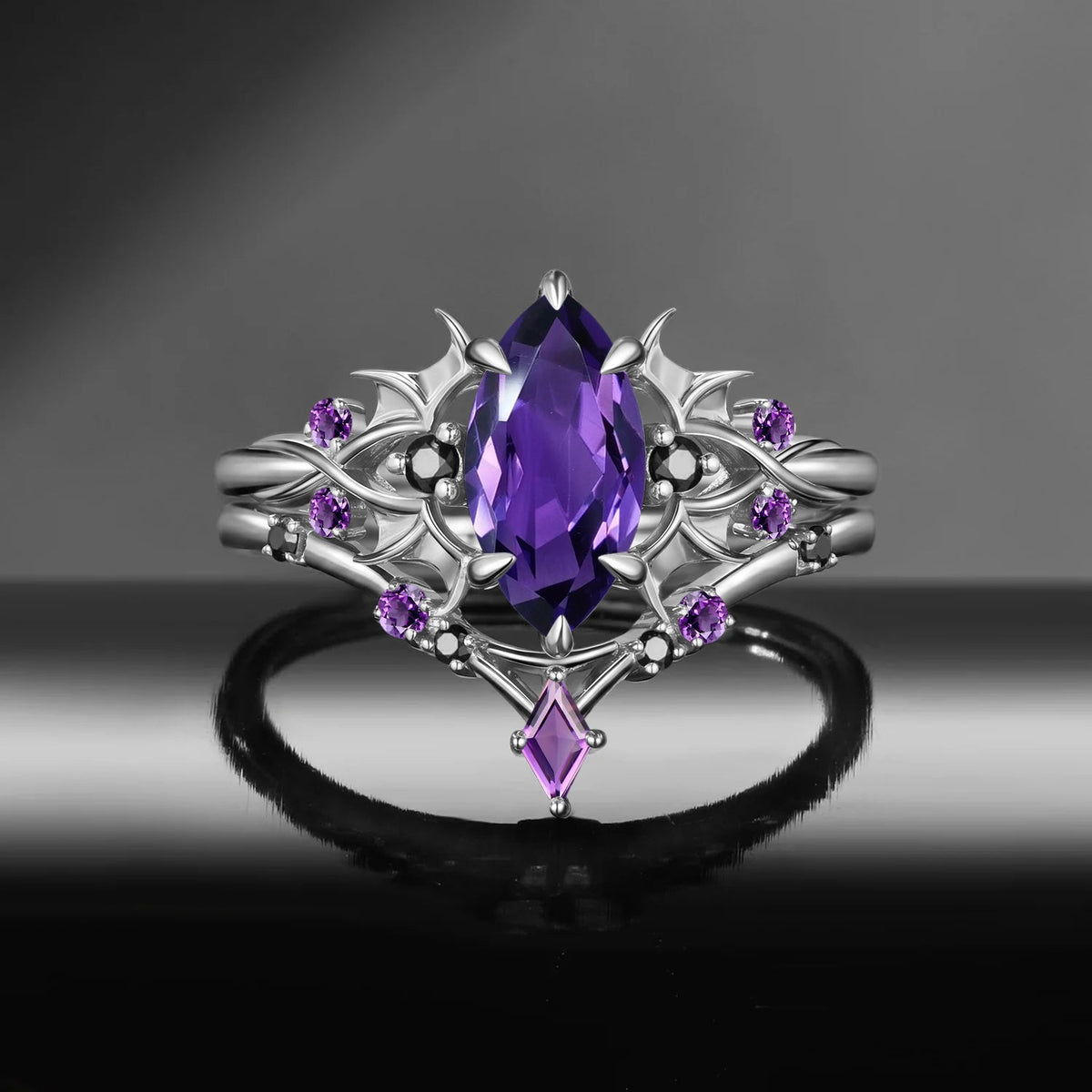Bat Ring 'Night Court' - Gothic Marquise Amethyst Black Gold Engagement Ring Set with Bat Wing Inspired Band