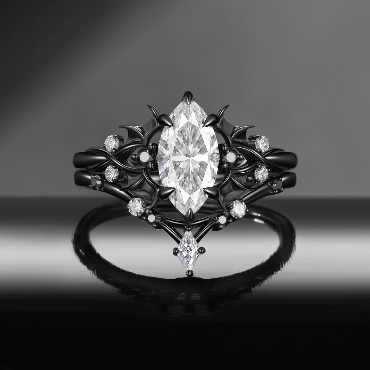 Bat Ring 'Night Court' - Gothic Marquise Moissanite Black Gold Engagement Ring Set with Bat Wing Inspired Band
