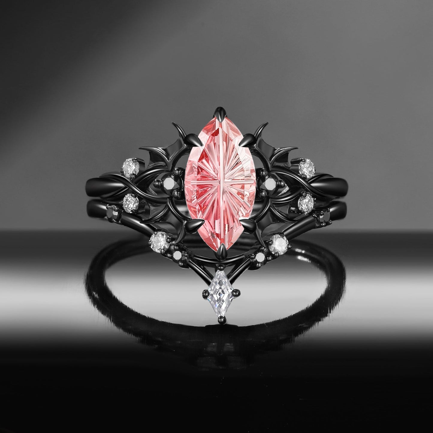 Bat Ring 'Night Court' - Gothic Fantasy Carved Marquise Natural Pink Tourmaline Engagement Ring Set in Black Gold