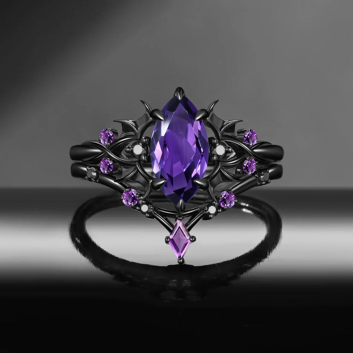 Bat Ring 'Night Court' - Gothic Marquise Amethyst Black Gold Engagement Ring Set with Bat Wing Inspired Band