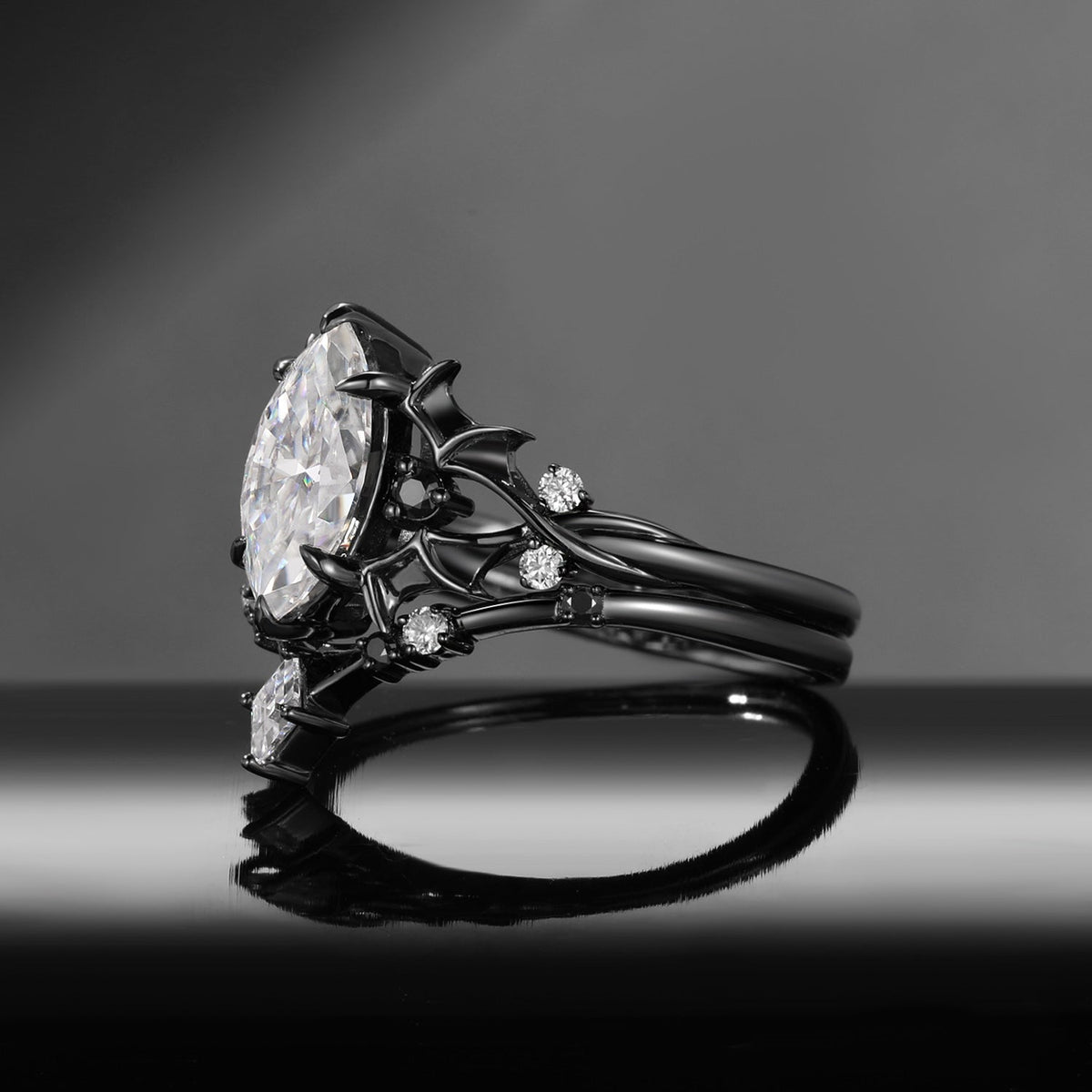 Bat Ring 'Night Court' - Gothic Marquise Moissanite Black Gold Engagement Ring Set with Bat Wing Inspired Band