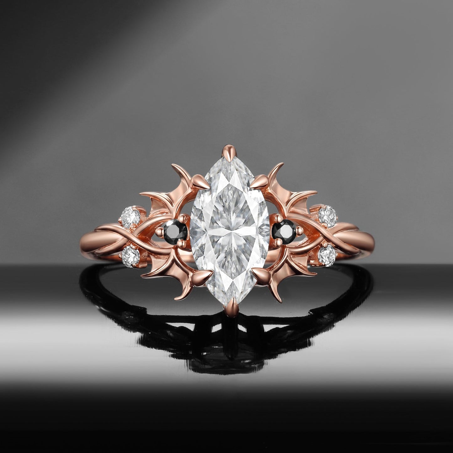 Gothic Inspired Marquise Moissanite Black Gold Infinity Engagement Ring - Night Court
