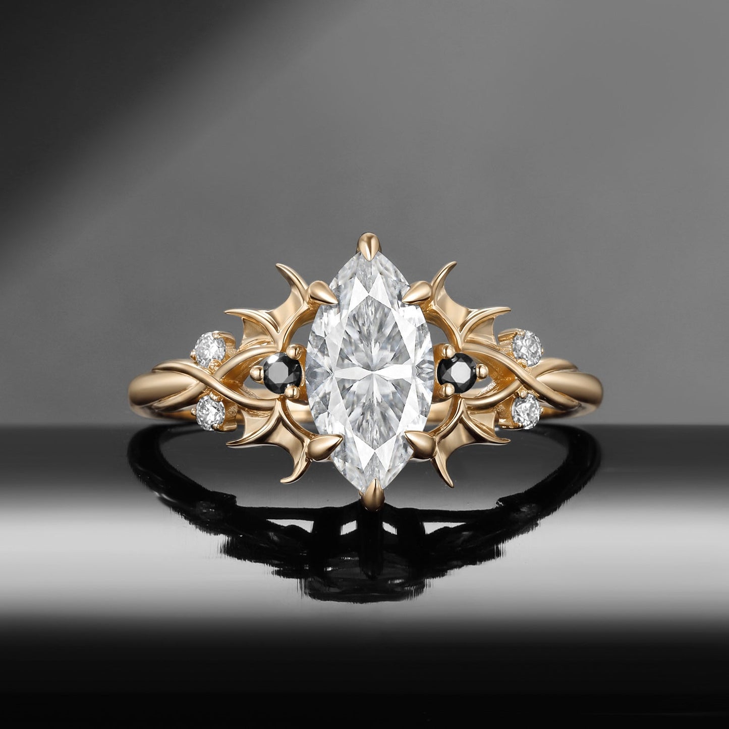 Gothic Inspired Marquise Moissanite Black Gold Infinity Engagement Ring - Night Court