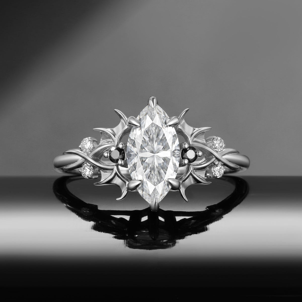 Gothic Inspired Marquise Moissanite Black Gold Infinity Engagement Ring - Night Court