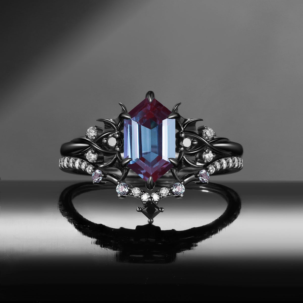 Gothic Inspired Long Hexagon Lab Alexandrite Black Gold Infinity Engagement Ring Set 2pcs - Night Court