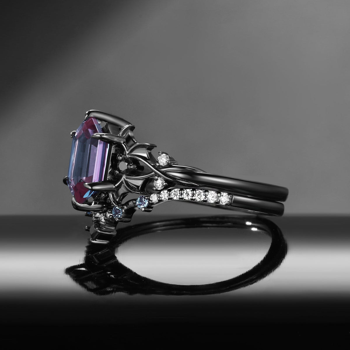 Gothic Inspired Long Hexagon Lab Alexandrite Black Gold Infinity Engagement Ring Set 2pcs - Night Court