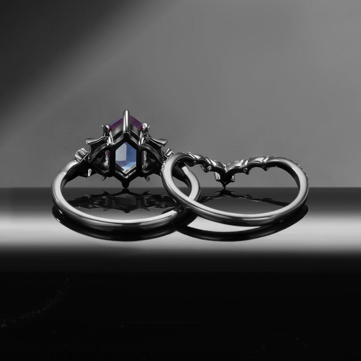 Gothic Inspired Long Hexagon Lab Alexandrite Black Gold Infinity Engagement Ring Set 2pcs - Night Court