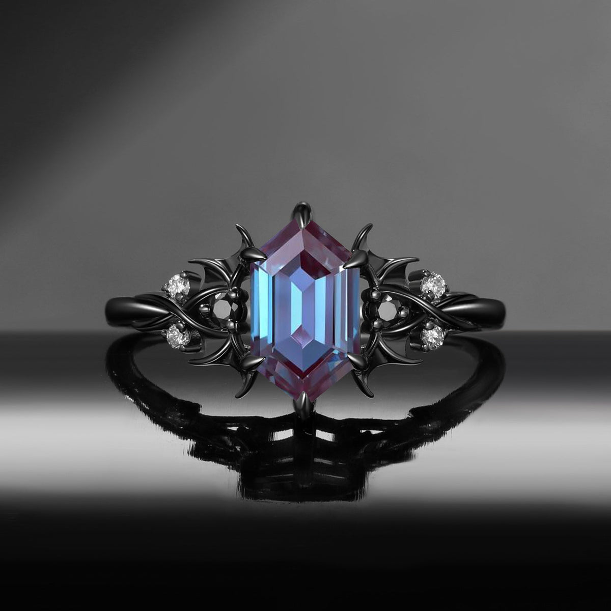 Gothic Inspired Long Hexagon Lab Alexandrite Black Gold Infinity Engagement Ring - Night Court