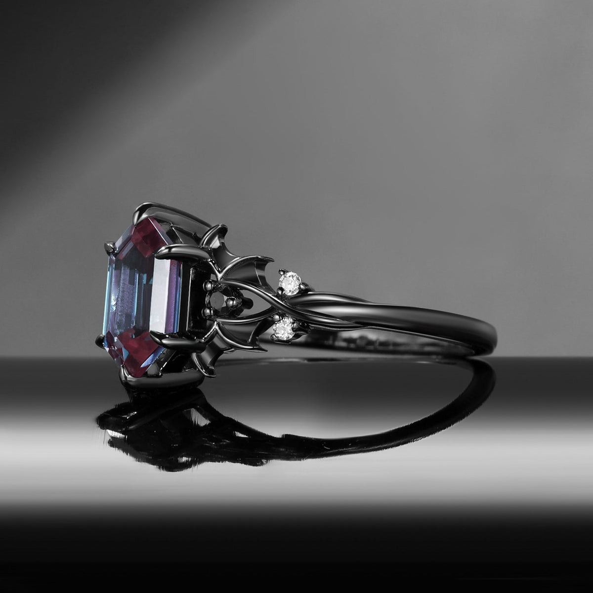 Gothic Inspired Long Hexagon Lab Alexandrite Black Gold Infinity Engagement Ring - Night Court