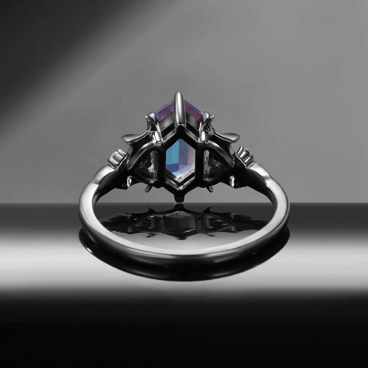Gothic Inspired Long Hexagon Lab Alexandrite Black Gold Infinity Engagement Ring - Night Court