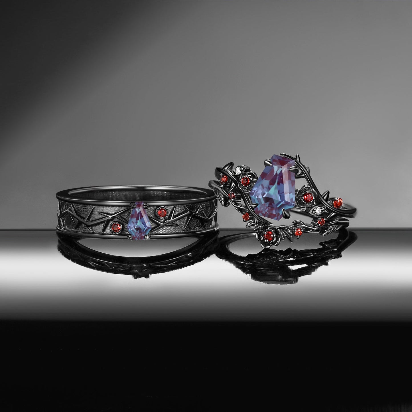 Nature Inspired Gothic Style Coffin Alexandrite 'Thorns & Roses' Couple Ring Set