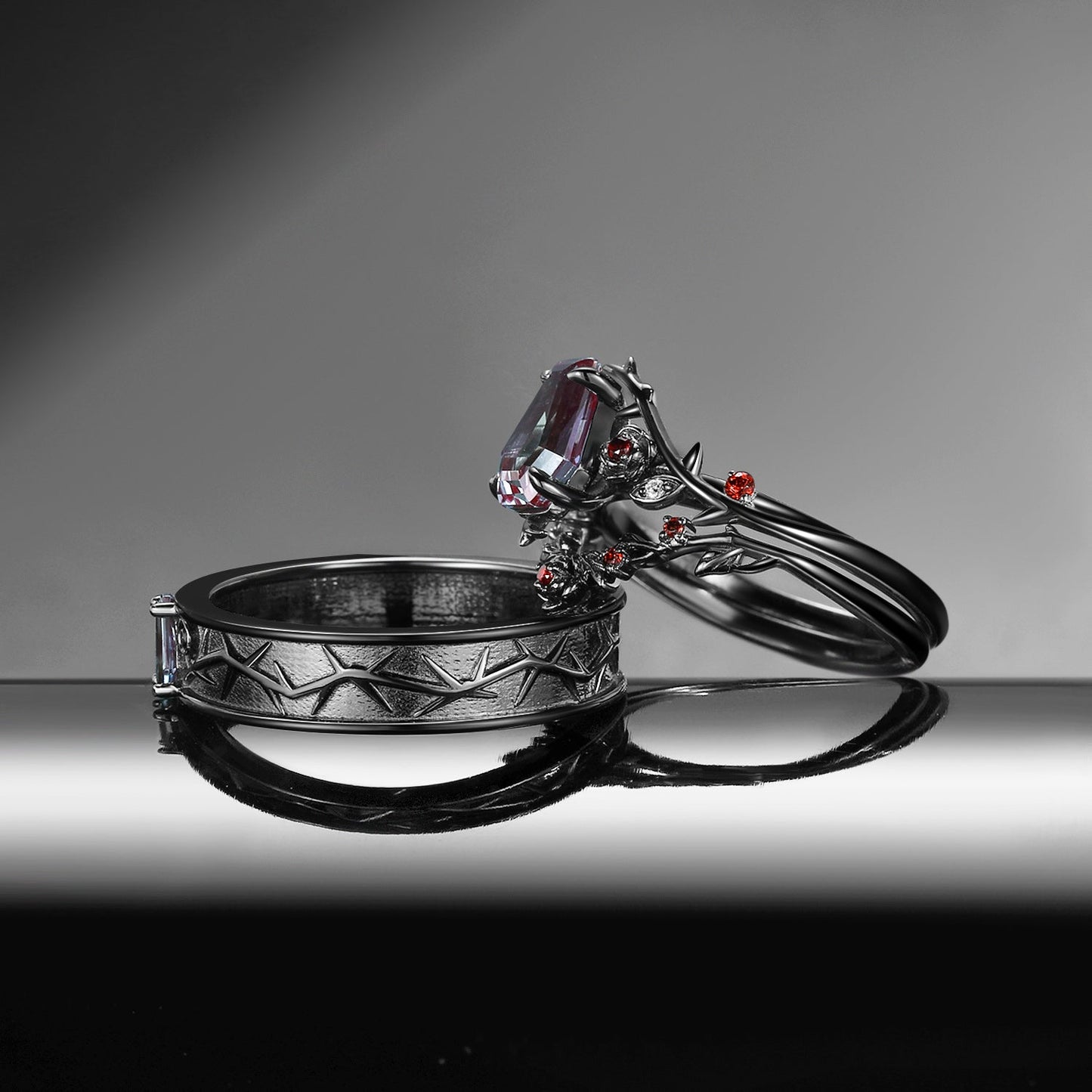 Nature Inspired Gothic Style Coffin Alexandrite Couple Ring Jewelry Set - 'Thorns & Roses' Jewelry Box
