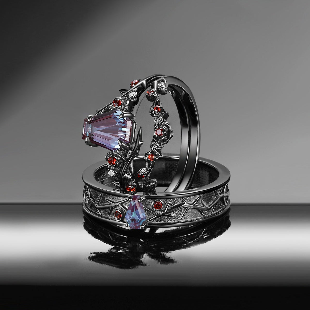 Nature Inspired Gothic Style Coffin Alexandrite Couple Ring Jewelry Set - 'Thorns & Roses' Jewelry Box