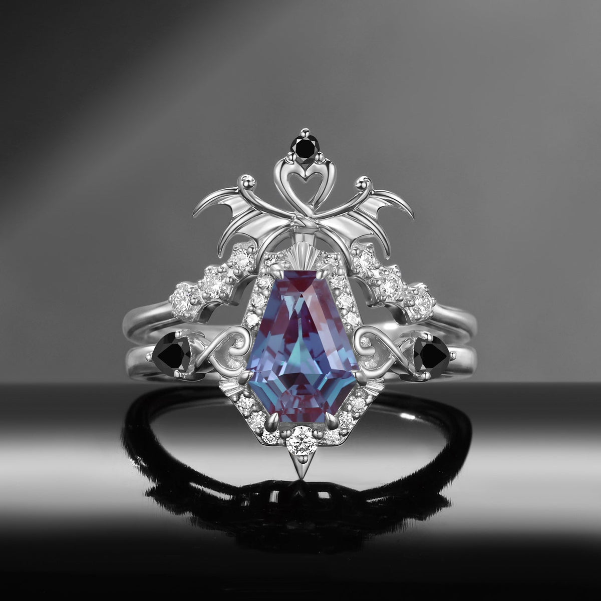 'Dark Arrow of Love' - Gothic Bat Wing Inspired Coffin Cut Alexandrite Two-Tone Bridal Set