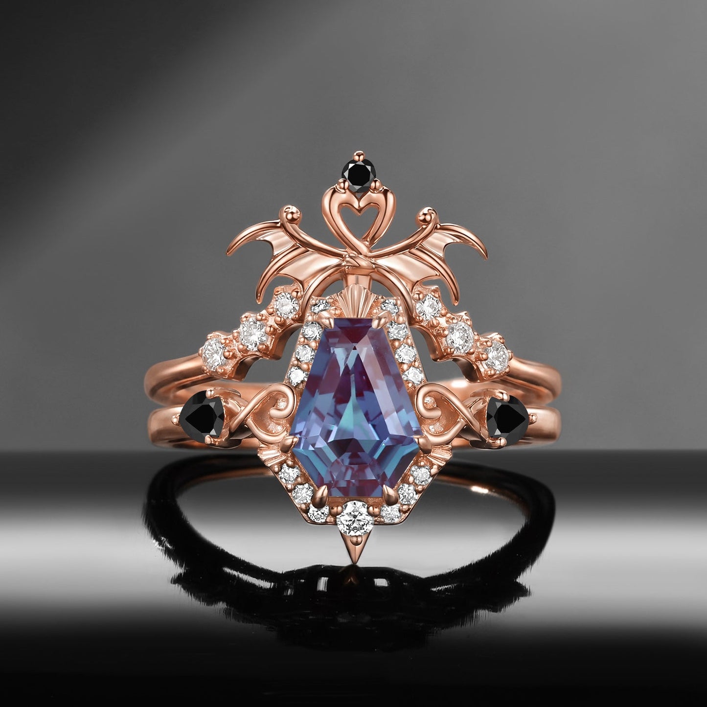 'Dark Arrow of Love' - Gothic Bat Wing Inspired Coffin Cut Alexandrite Two-Tone Bridal Set