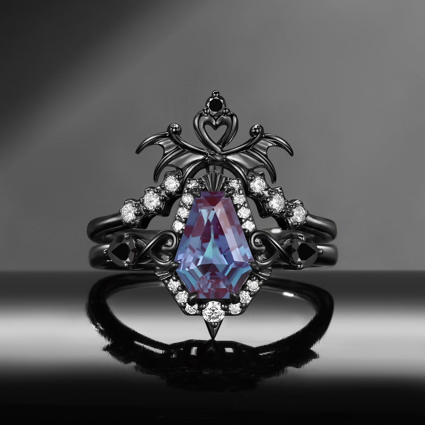 'Dark Arrow of Love' - Gothic Bat Wing Inspired Coffin Cut Alexandrite Two-Tone Bridal Set