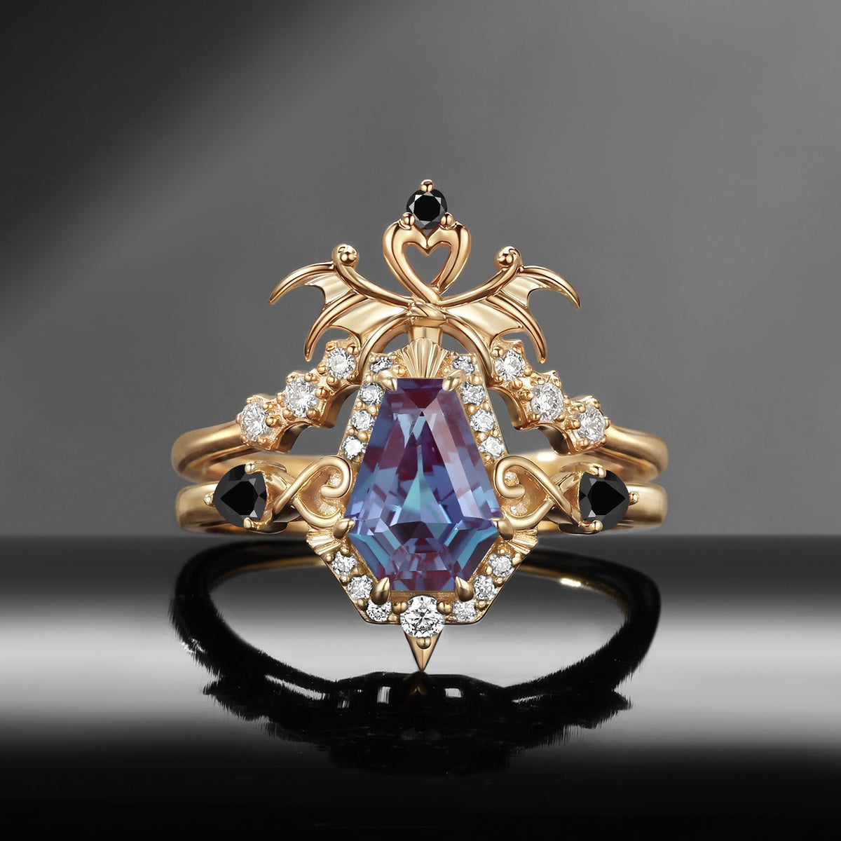 'Dark Arrow of Love' - Gothic Bat Wing Inspired Coffin Cut Alexandrite Two-Tone Bridal Set