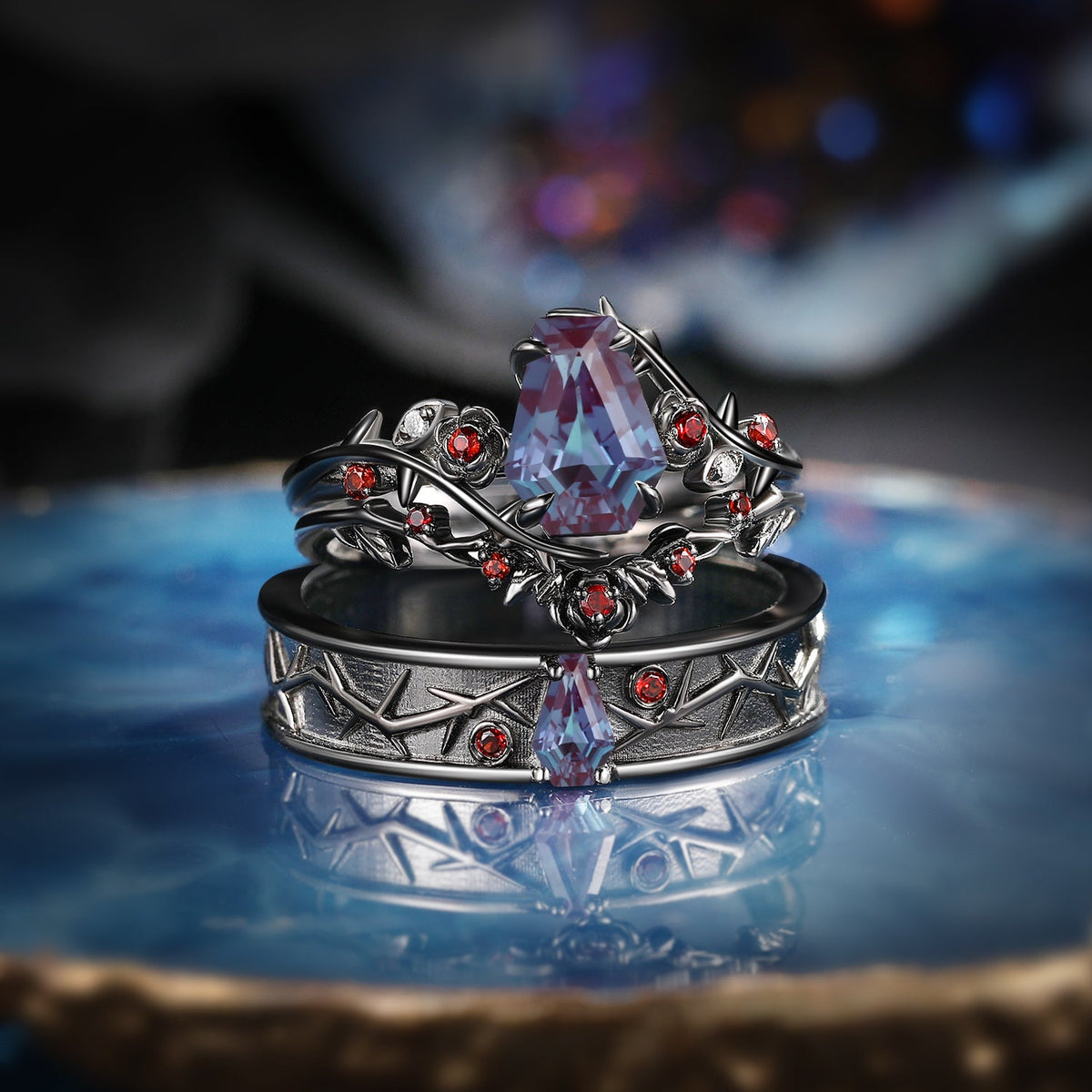 Nature Inspired Gothic Style Coffin Alexandrite Couple Ring Jewelry Set - 'Thorns & Roses' Jewelry Box