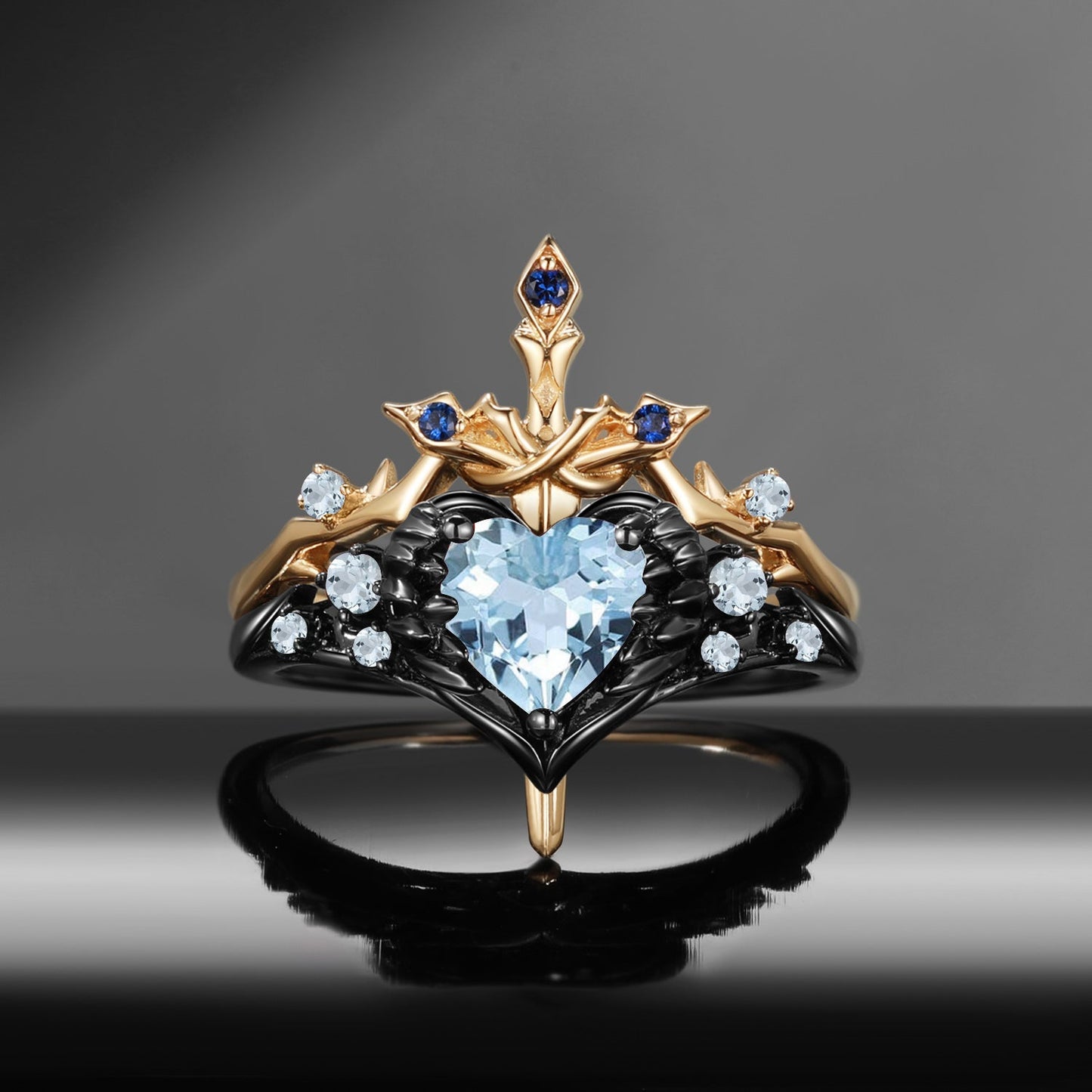 'Pierced Heart' - Gothic Inspired Natural Aquamarine Heart Sword Ring Two-Tone Bridal Set